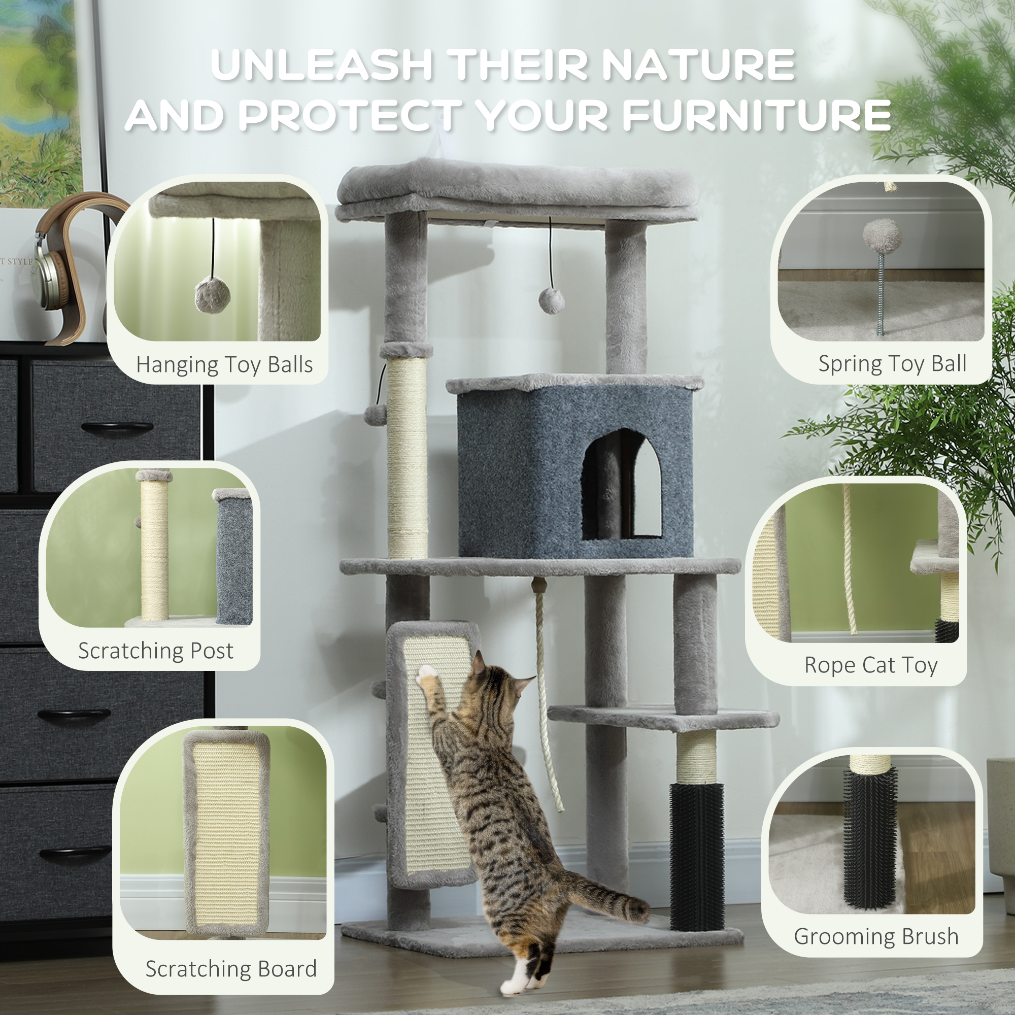 52 Inch Cat Tree with Scratching Posts, Cat Bed, Condo, Grooming Brush, Jumping Platforms, Toy Balls, Anti-tip Kit - Image 5