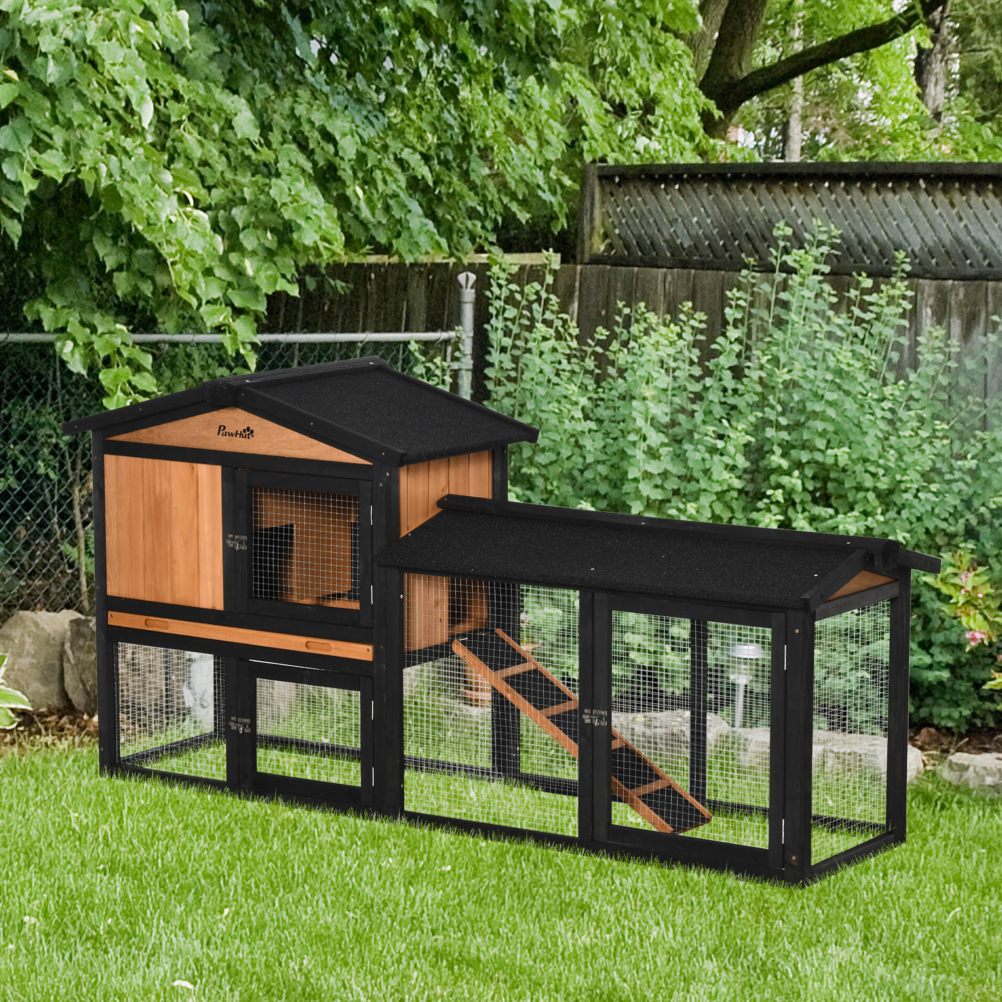 69" Wooden Rabbit Hutch Pet Playpen Bunny House Enclosure with Run Box, Slide-out Tray, Ramp, for Rabbits and Small Animals, Black