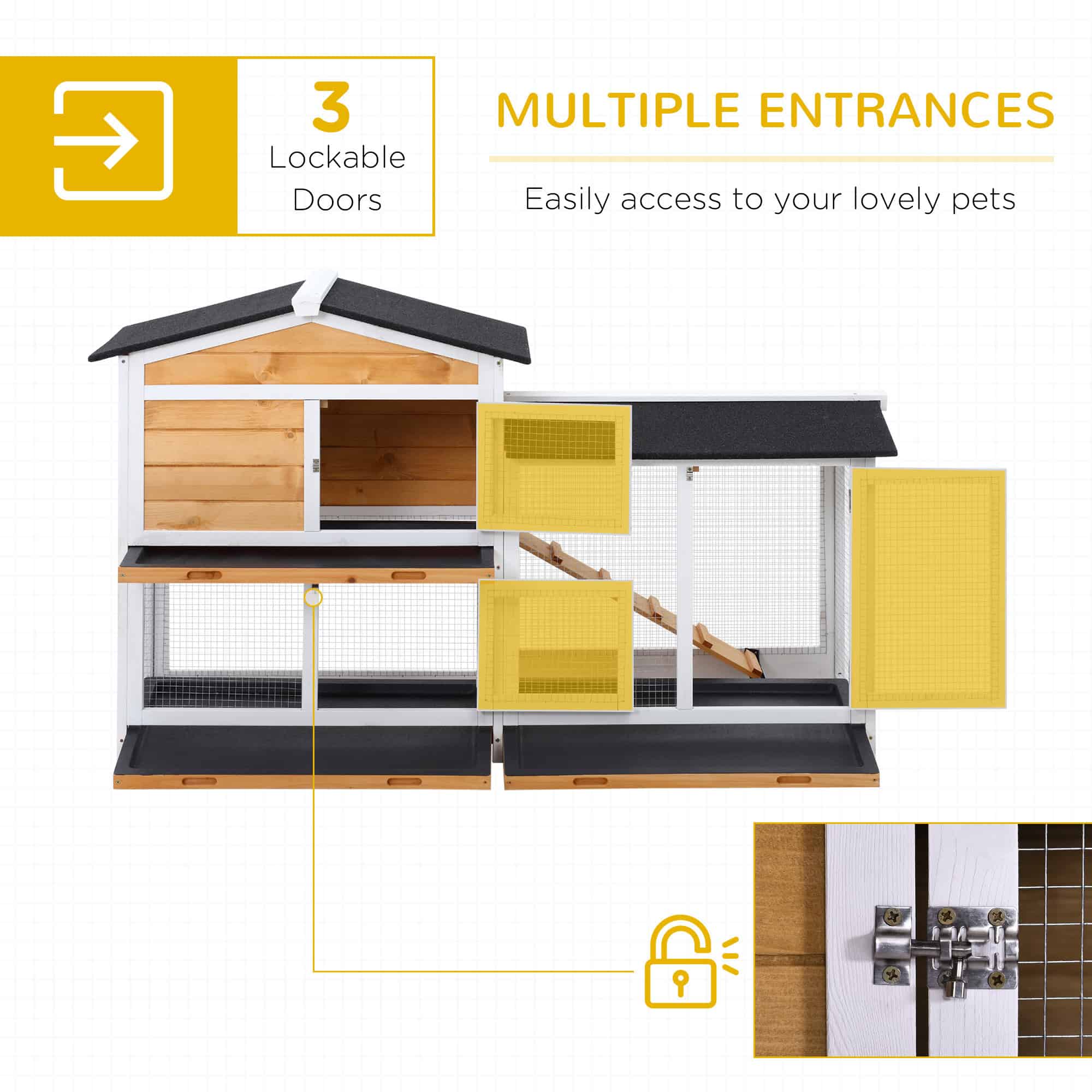 2-tier Wood Rabbit Hutch Backyard Bunny Cage Small Animal House w/ Ramp and Outdoor Run, Yellow - Image 4
