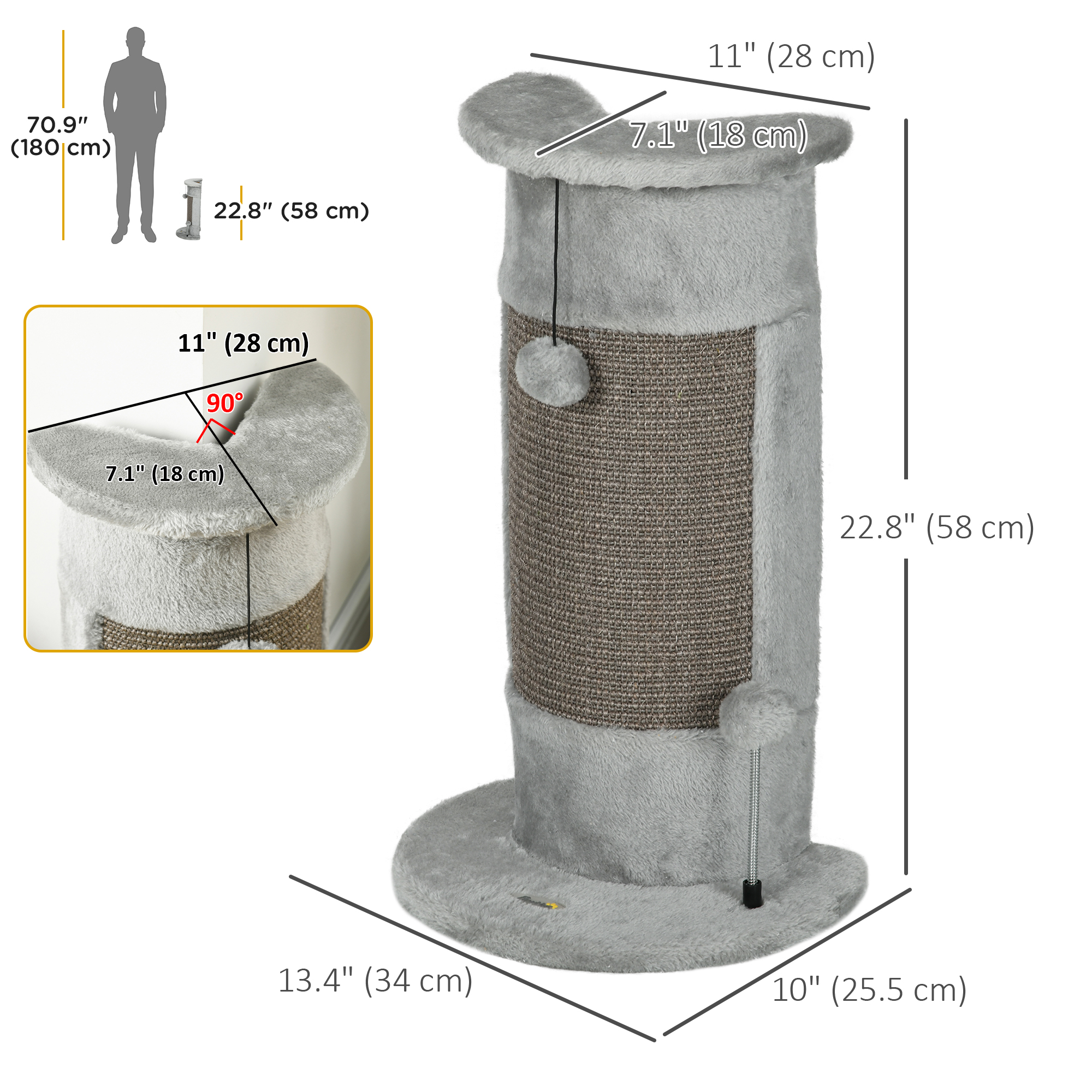 23" Cat Scratching Post with Covered Plush, Play Balls, for Indoor Cats, Grey