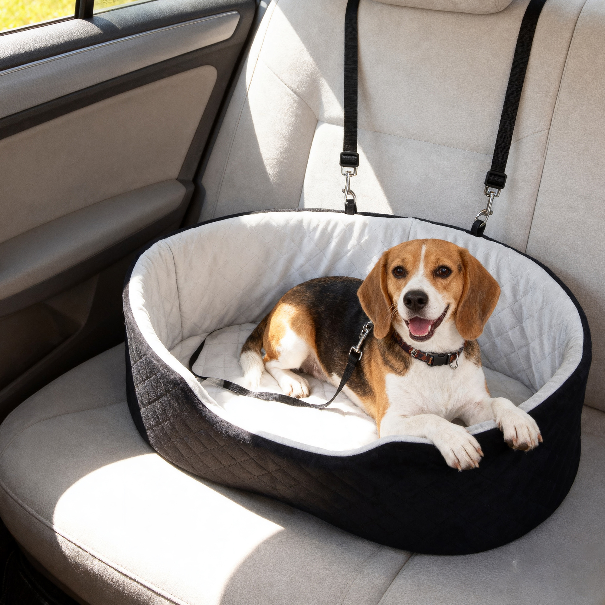 Dog Car Seat for Small Medium Pets, Detachable Washable Pet Bed with Cushion and Safety Belt for Dog Under 33lbs, Black