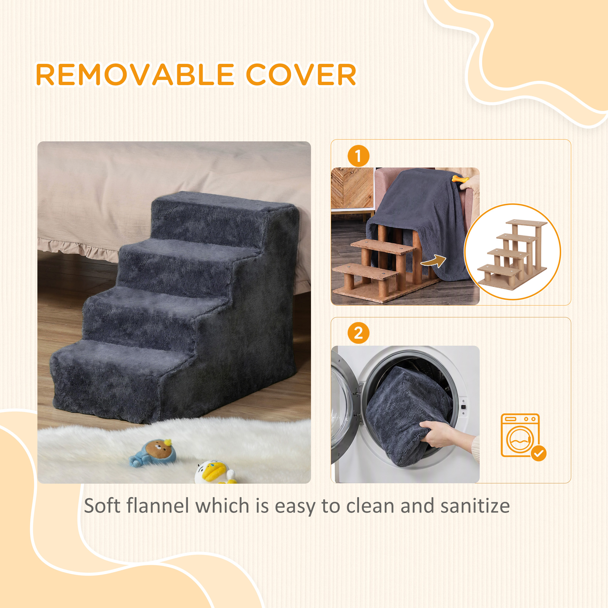 4-Step Dog Ramp for Sofa, Bed, and Couch, with Removable Cover, Dark Grey