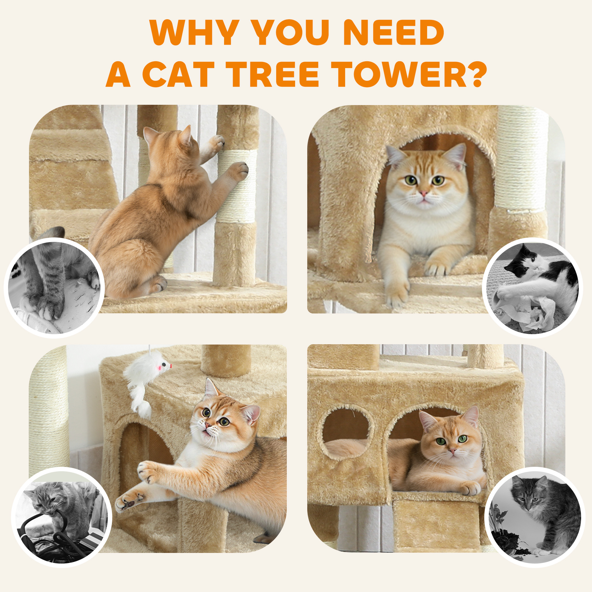 68-inch Multi-Level Cat Scratching Tree Kitty Activity Center Post Tower Condo Pet Furniture w/ Toy Light Brown
