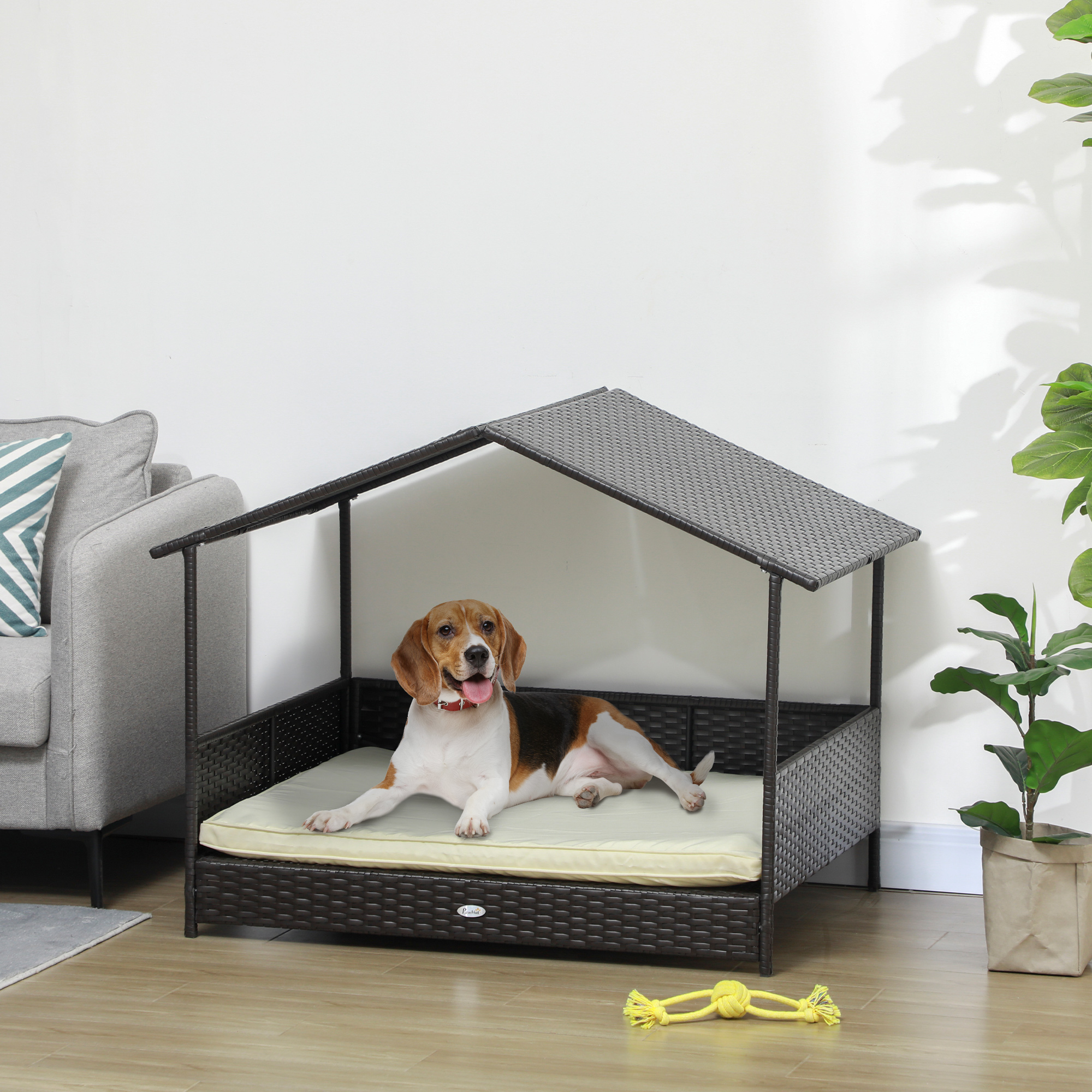 Rattan Dog House with Canopy, Wicker Dog Bed with Water-Resistant Cushion, for Small and Medium Breeds Cream White