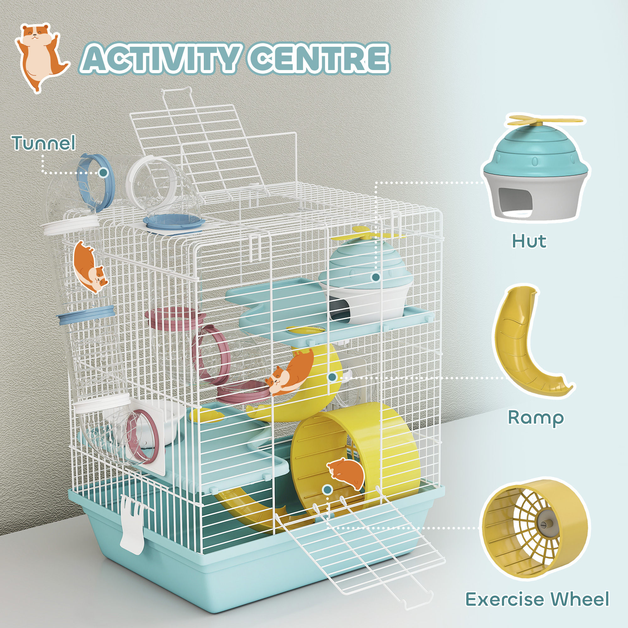 3-Level Hamster Cage with Exercise Wheel, Play Tube, Water Bottle, Food Dish, Hut, Ladder, Blue