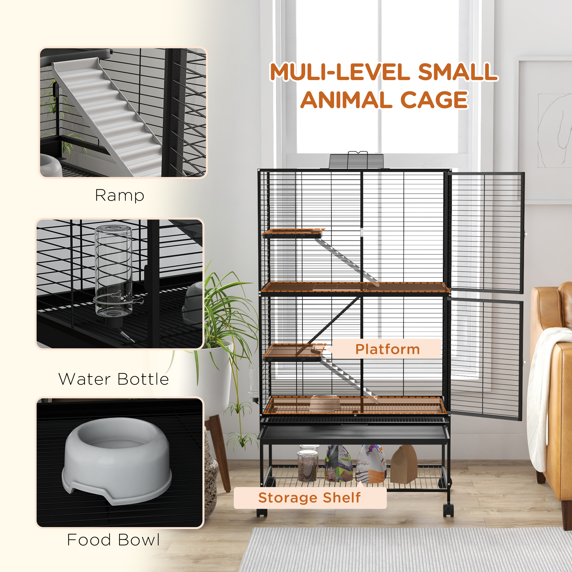 Rolling Small Animal Cage 54"H Chinchilla Cage for Ferrets, Squirrels w/ Removable Tray, Storage Shelf, Black