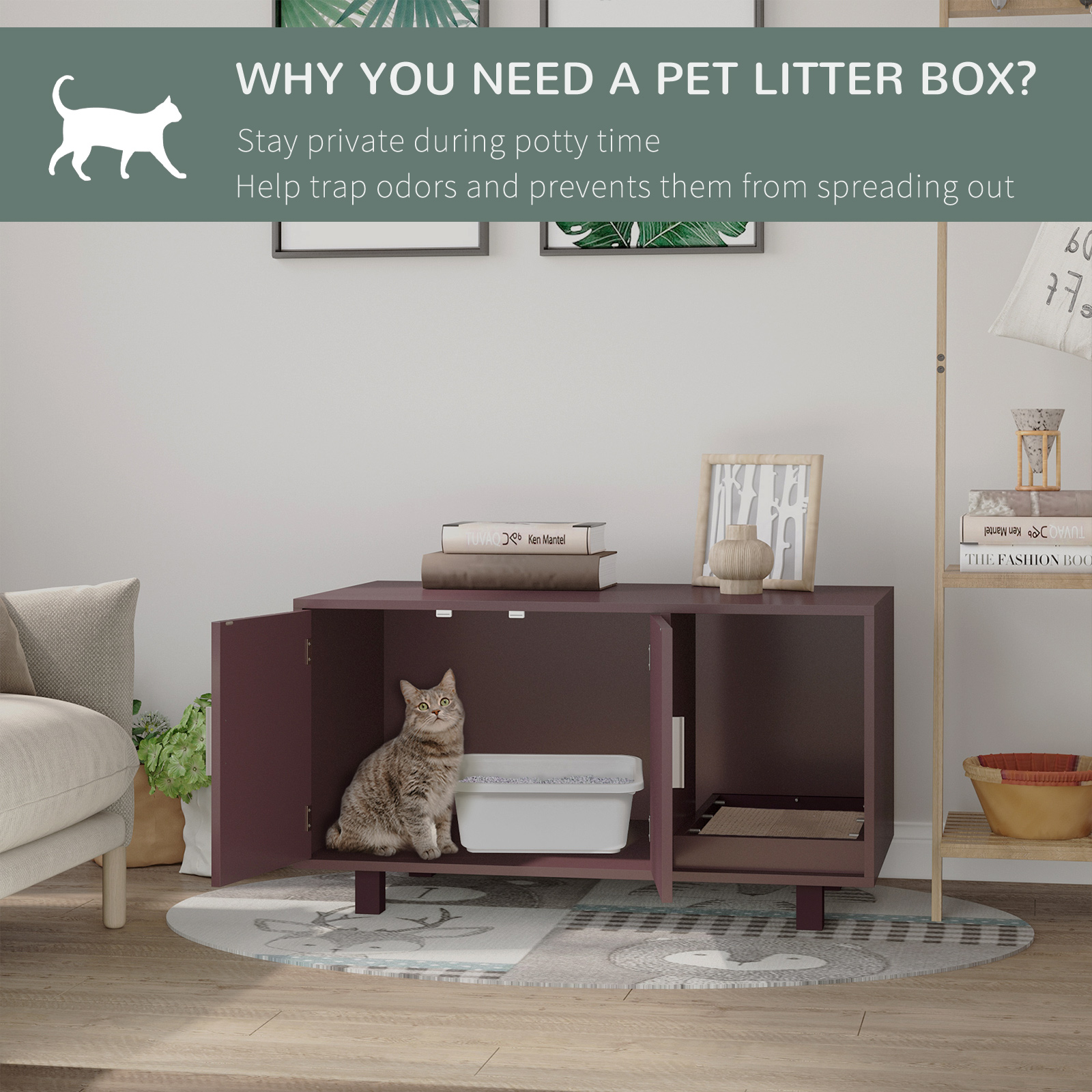 Cat Litter Box Enclosure, Hidden Litter Box Furniture, Cat House End Table Washroom with Scratching Pad, for Indoor Cats Kittens, 36" x 20.5" x 20", Brown