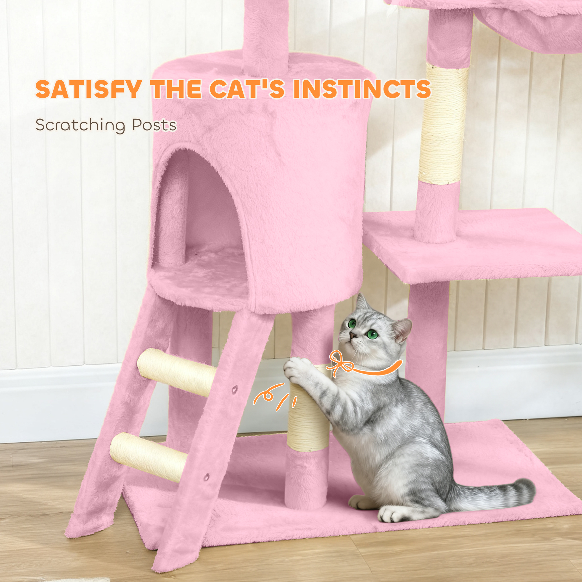 53" Cat Tree Tower, Kitten Activity Centre with Scratching Posts, Condo, Perches, Ladder, Hammock, Dangling Toys, Pink