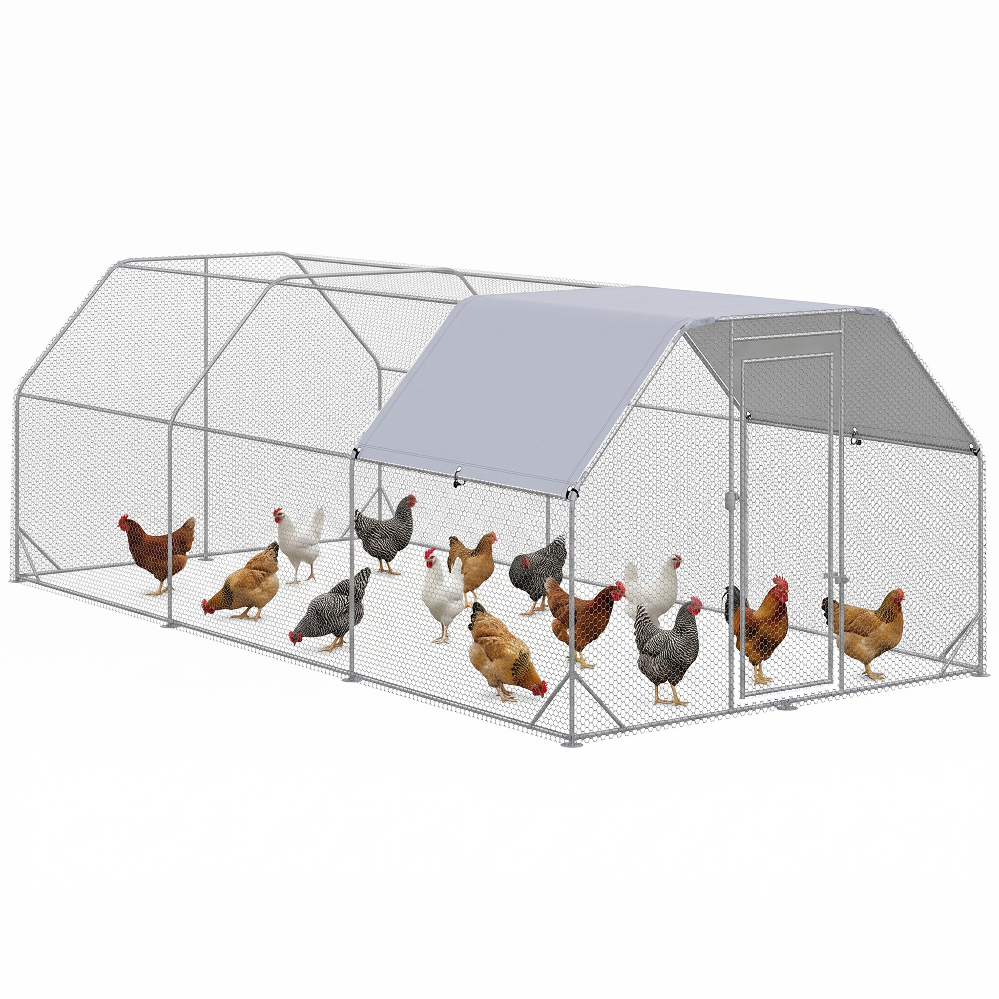 Chicken Run Outdoor, Galvanized Large Metal Chicken Coop Cage, Walk-in Enclosure Poultry Hen Run House Playpen Rabbit Hutch with Flat Roof, Cover, 9.2'x18.7'x6.5', Silver