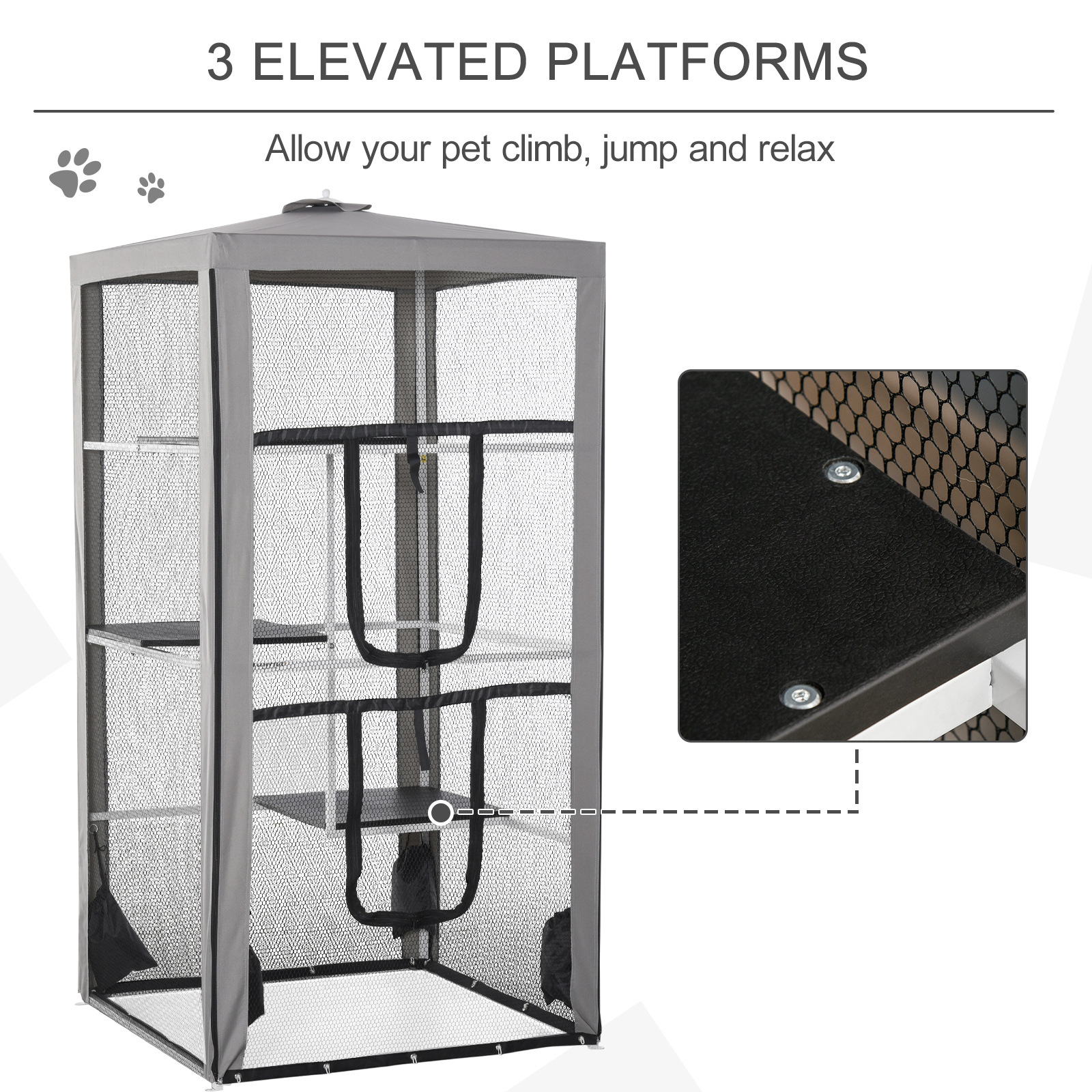 79"H Catio Outdoor Cat Enclosure, Steel Frame Cat Cage with 3 Platforms, 2 Doors and 4 Sandbags for Stability