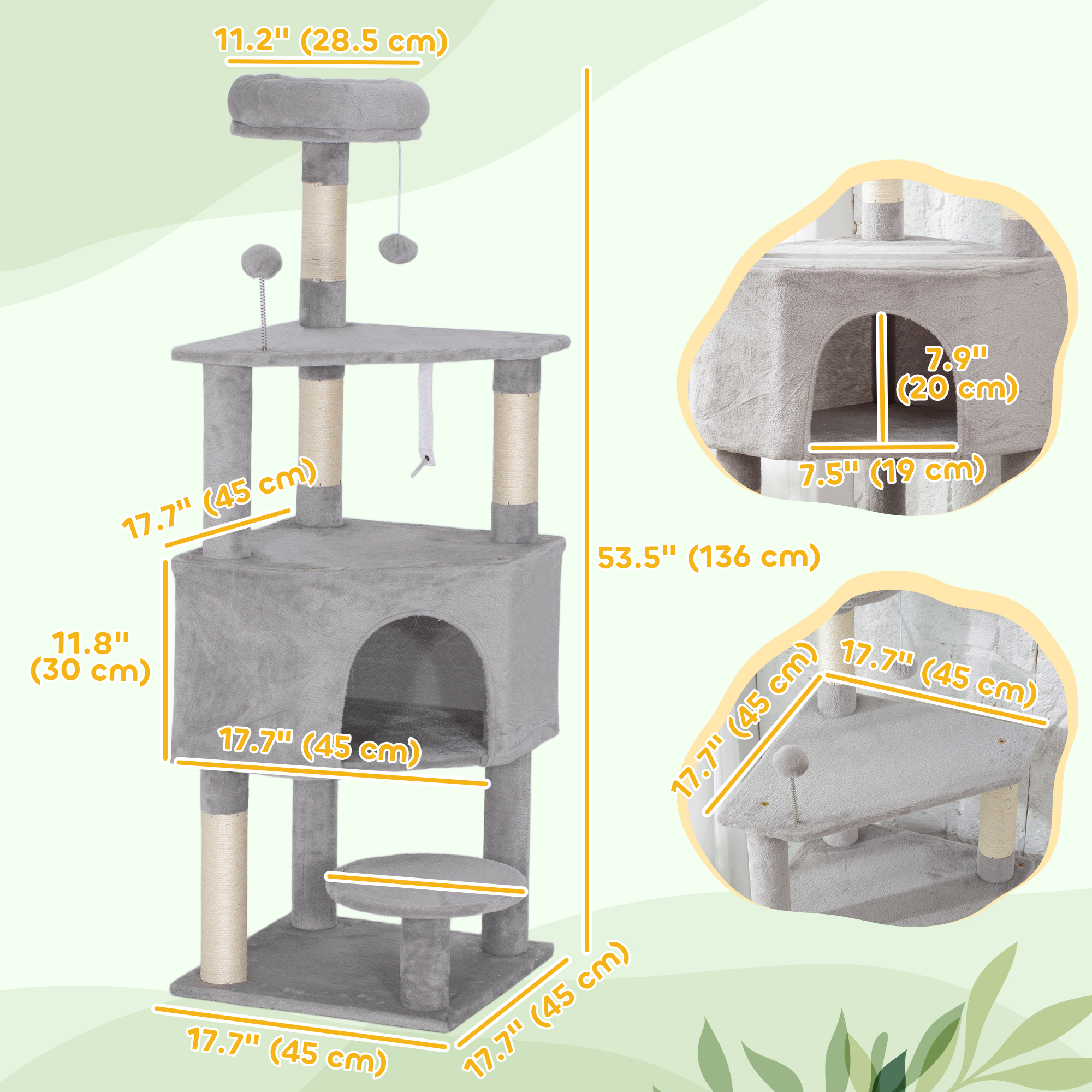 54 Inch Cat Tree with Large Condo, Top Perch, Sisal Scratching Posts, Dangling Toy Ball,Light Grey - Image 3