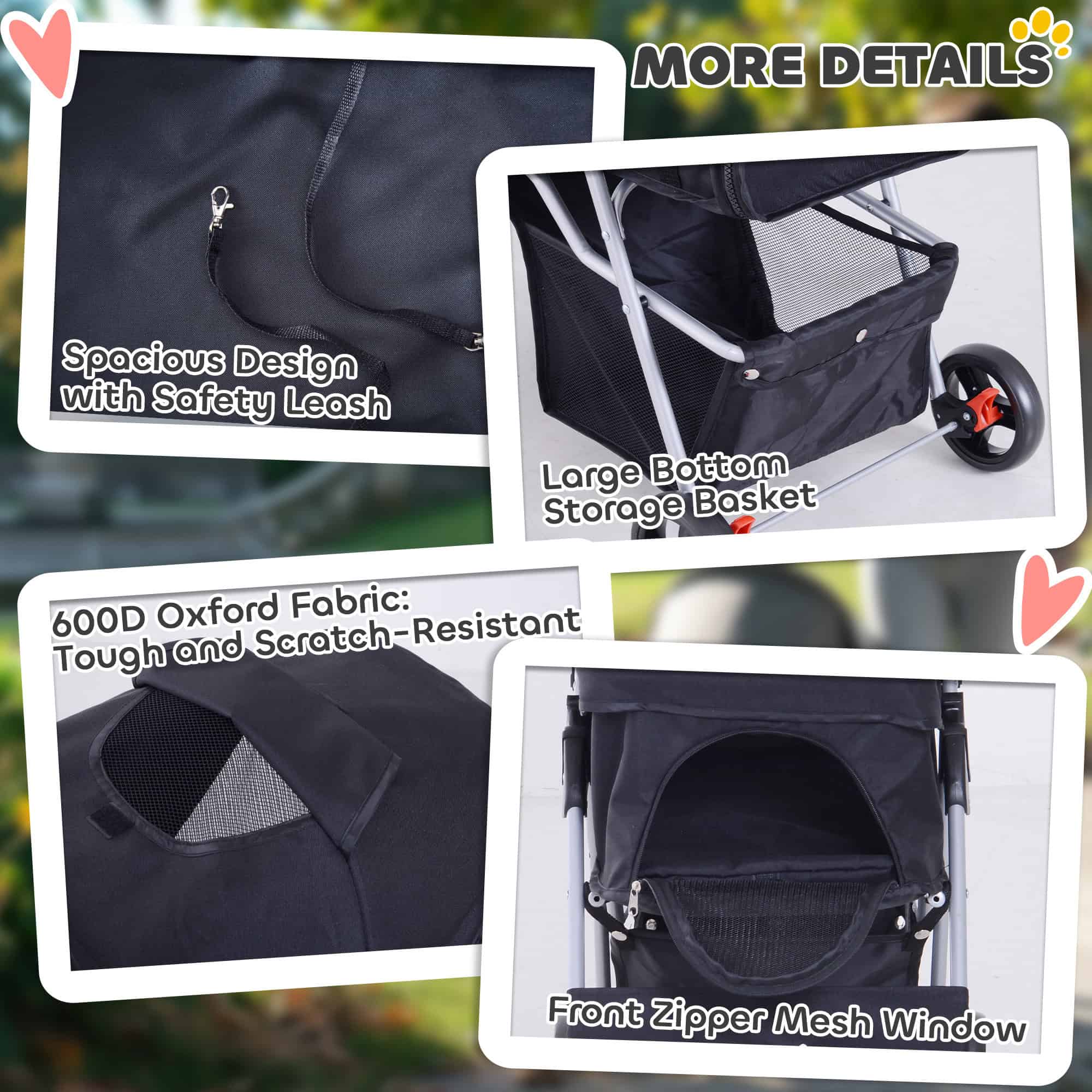 Cat Dog Stroller, One-click Foldable Pet Stroller w/Cup Holder, 4 Wheels Travel Carrier w/Brakes, 360° Swiveling Front Wheels, Storage Basket, for XS/Small Dogs Cats, Black