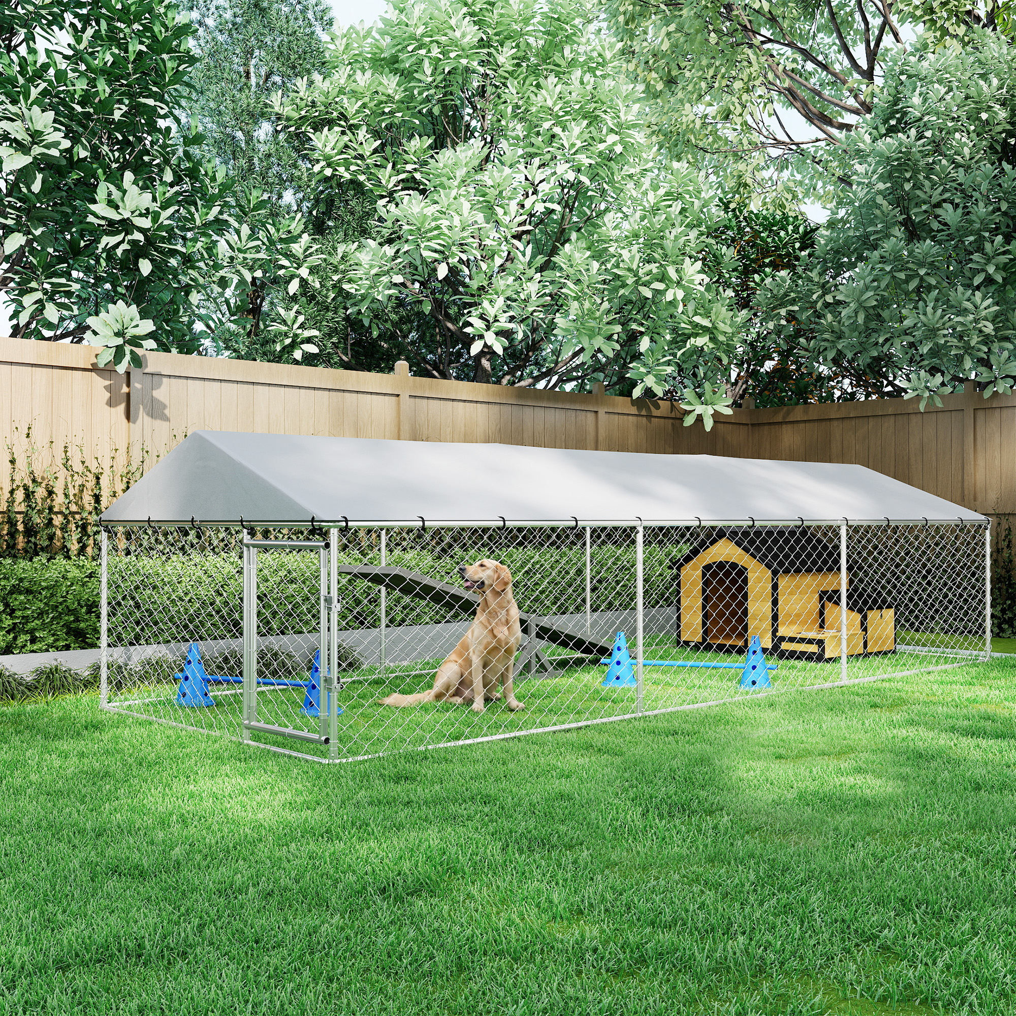 19.7' x 7.5' x 4.9' Outdoor Dog Kennel Heavy Duty Galvanized Steel Chain Link with UV-resistant Roof, Silver