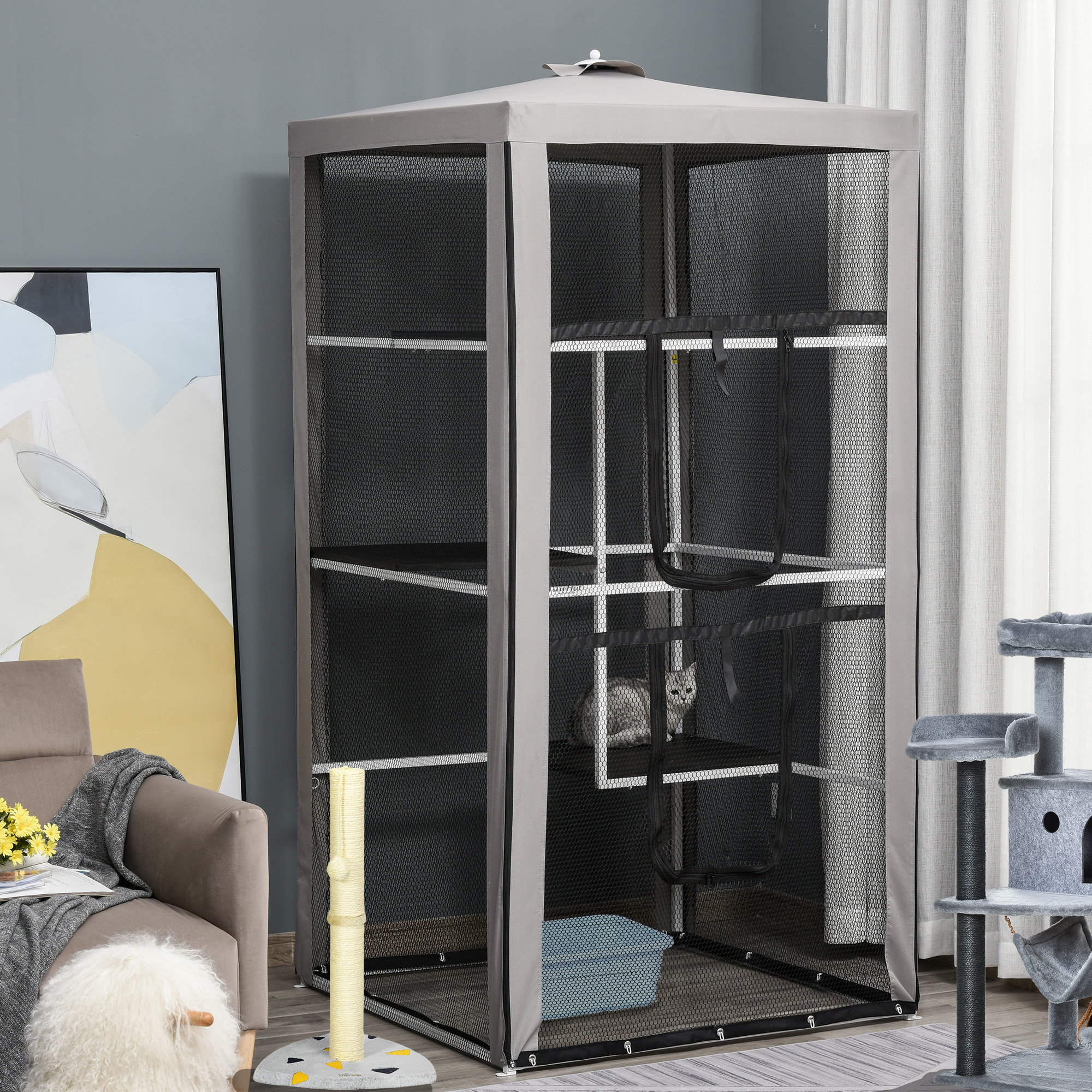 79" Cat Cage, Large Outdoor Kitten House, Indoor Cage Pet Kennel Playpen with 3 Platforms Door 4 Sandbags - Grey