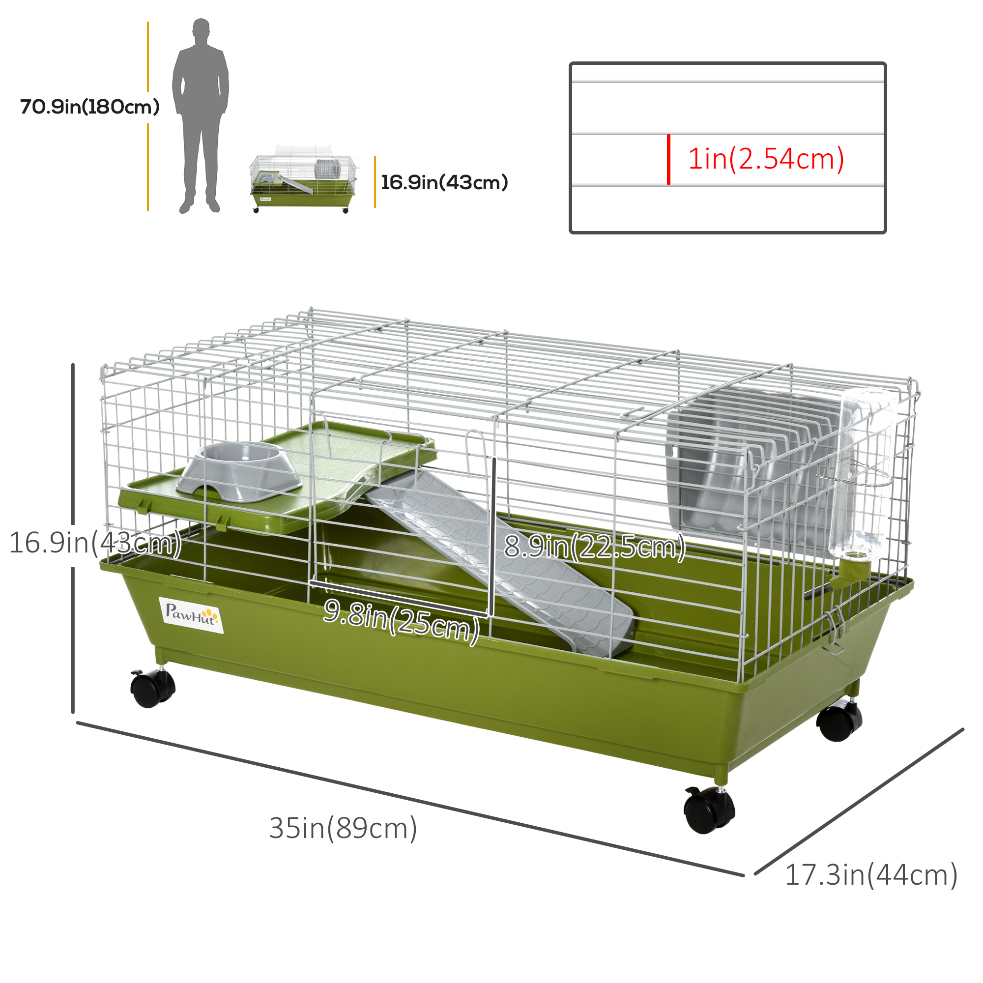 Small Animal Cage, Rolling Bunny Cage, Guinea Pig Cage with Food Dish, Water Bottle, Hay Feeder, Platform, Ramp, Green