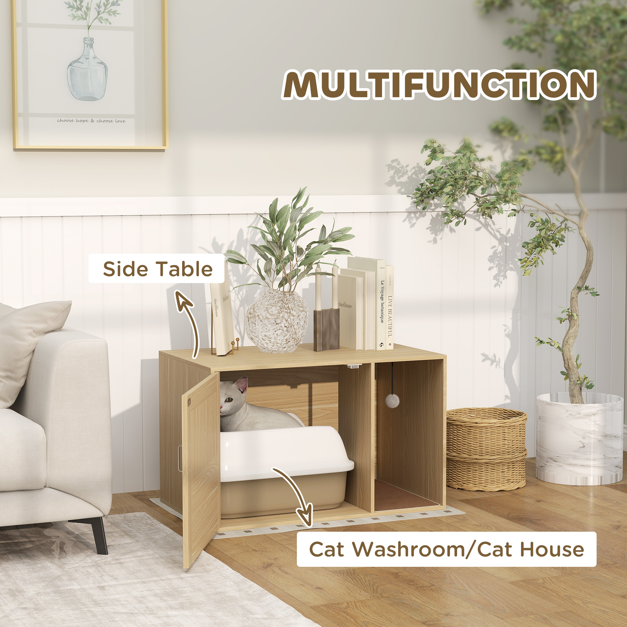 Cat Litter Box Enclosure, Cat Washroom End Side Table with Rattan Door, Scratching Pad, Non-slip Foot Pads, Oak - Image 4
