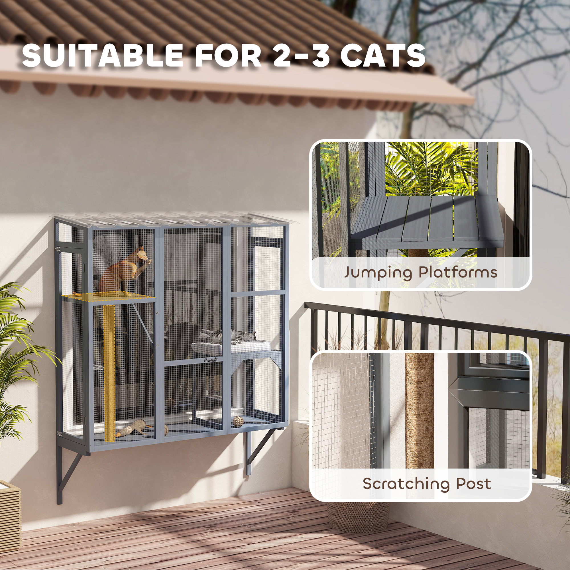 Wooden Catio Outdoor, Cat Window Box Enclosure for 2-3 Large Cats with 2 Jumping Platforms & Scratching Post, Grey - Image 5