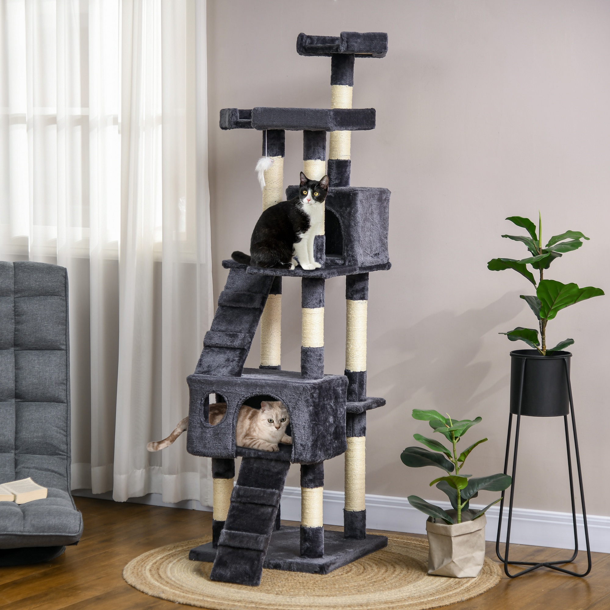 68-inch Multi-Level Cat Scratching Tree Kitty Activity Center Post Tower Condo Pet Furniture w/ Toy Charcoal Grey - Image 8