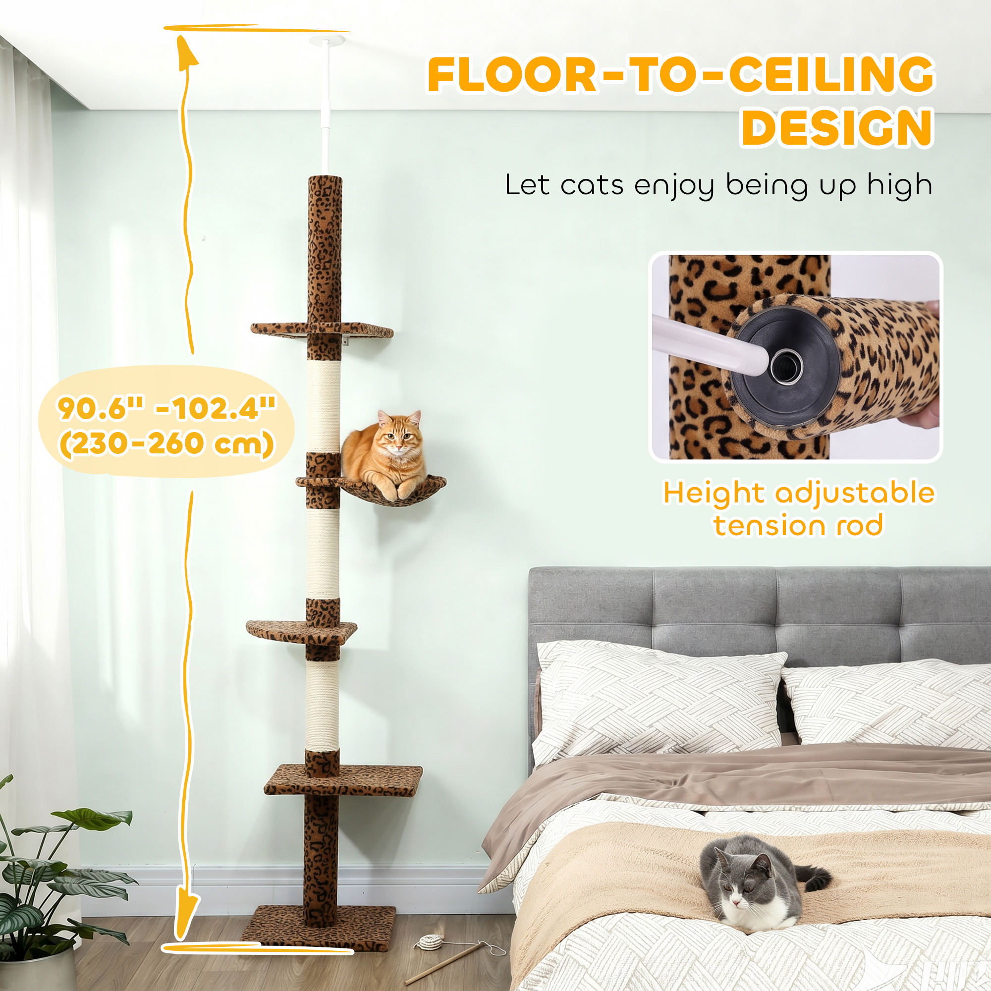 8.5ft Cat Climbing Tree 5-Tier Kitty Activity Center with Scratching Post, Leopard Print