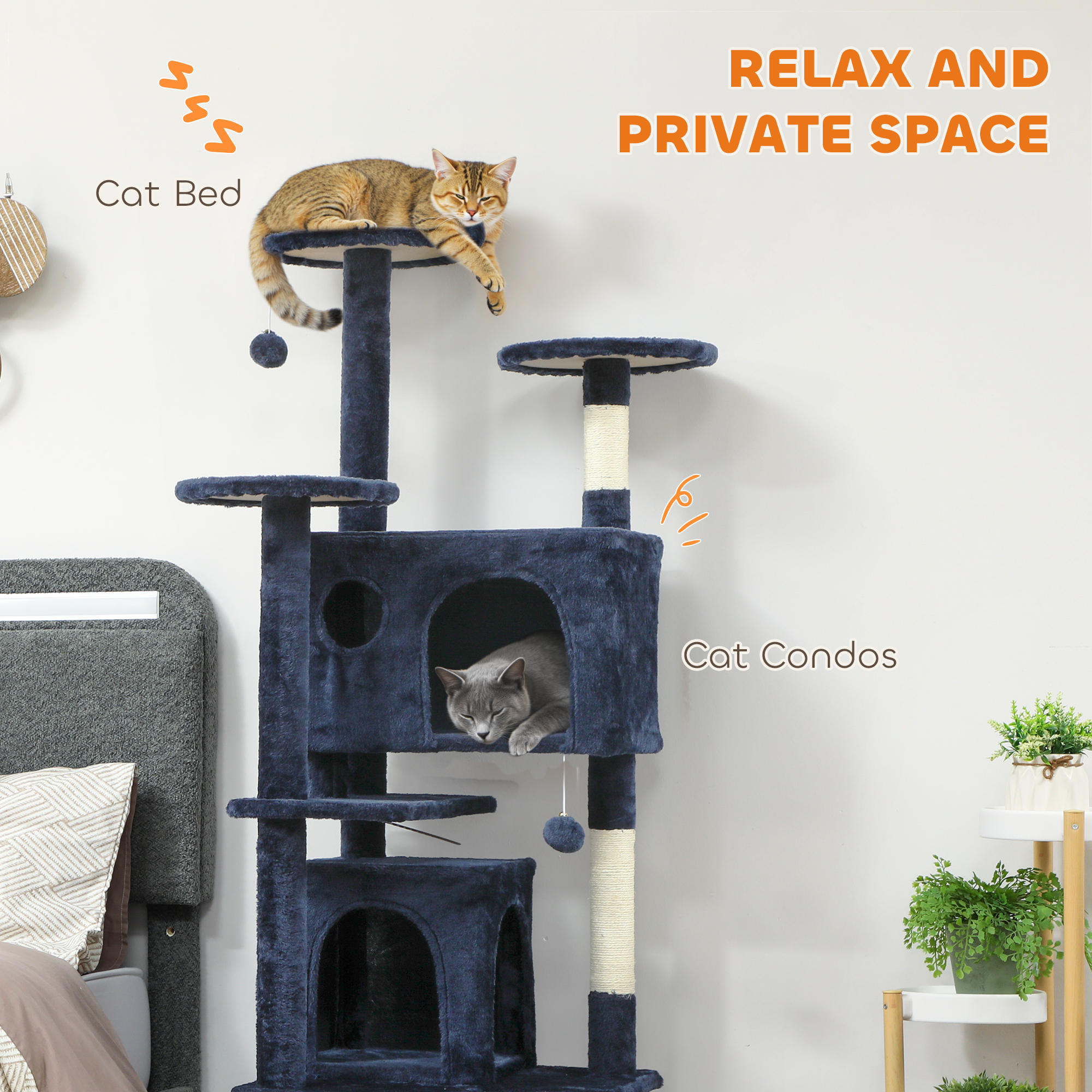 63" Cat Tree, Multi-Level Cat Tower with Scratching Posts, Cat Condos, Bed, Platforms, Ramp, Toy Ball, Dark Blue
