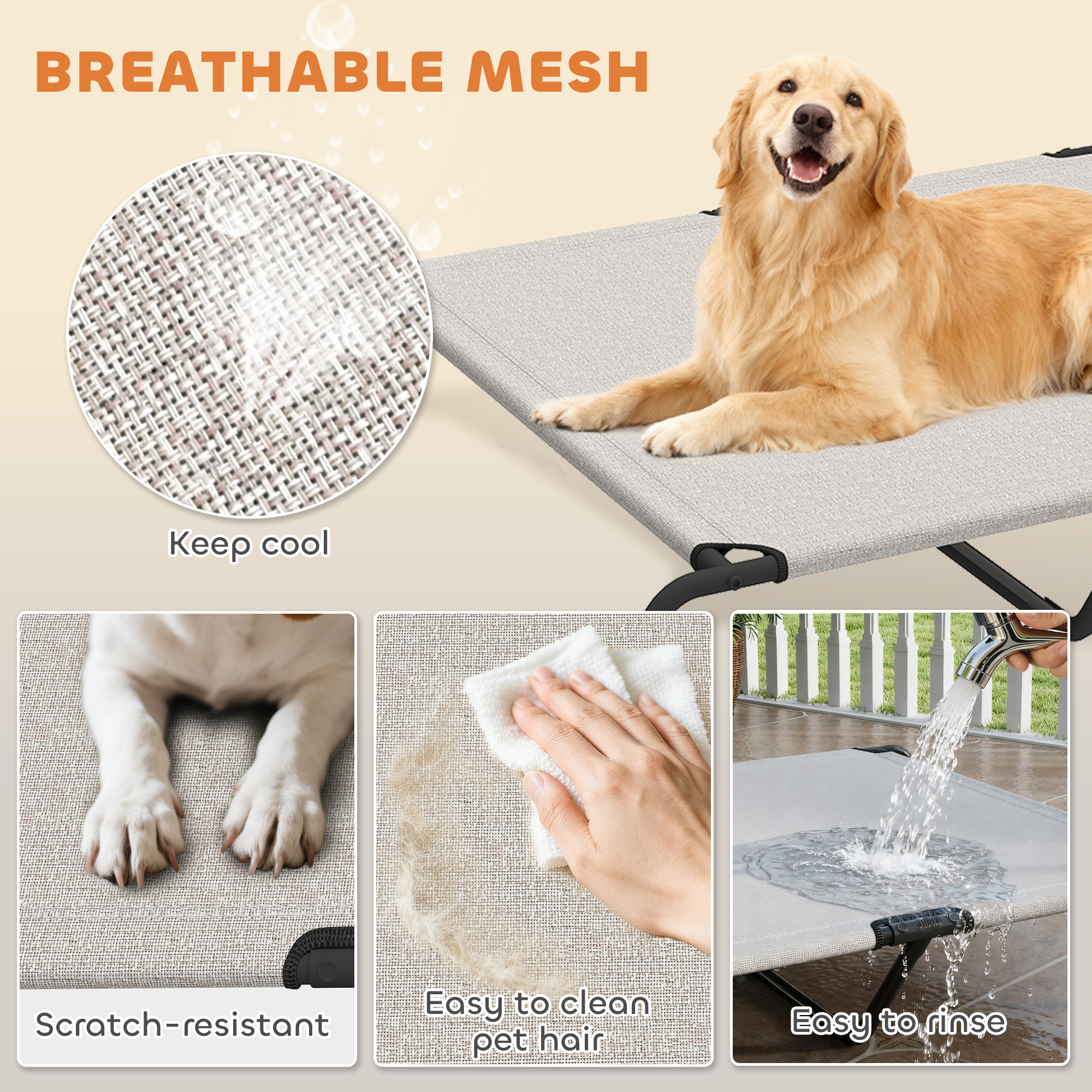 Elevated Dog Bed, Outdoor Dog Cot, Raised Dog Bed for Large Dogs with Breathable Mesh, Beige