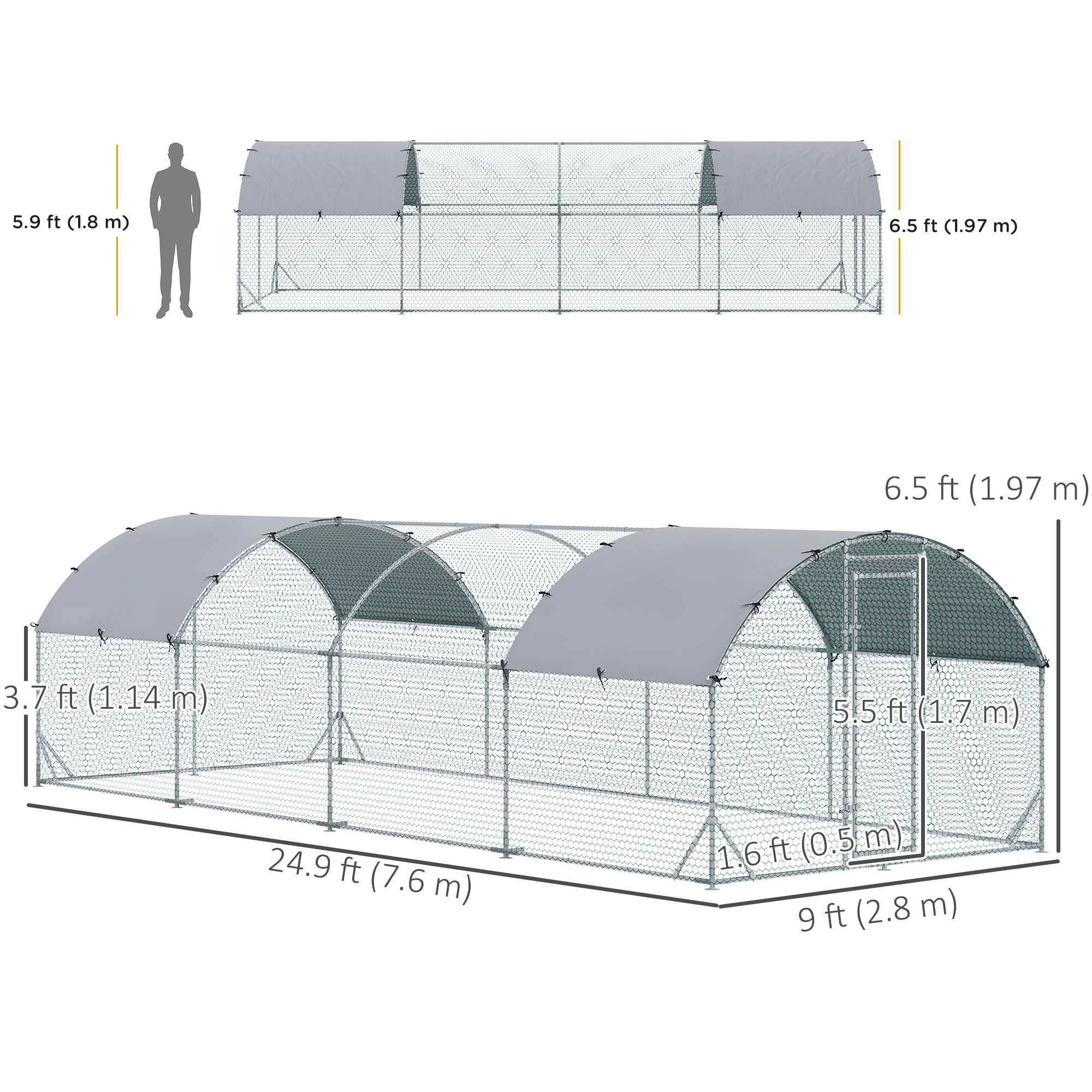 Galvanized Large Metal Chicken Coop Cage Walk-in Enclosure Poultry Hen Run House Playpen Rabbit Hutch with Cover for Outdoor Backyard 9.2' x 24.9' x 6.5' Silver