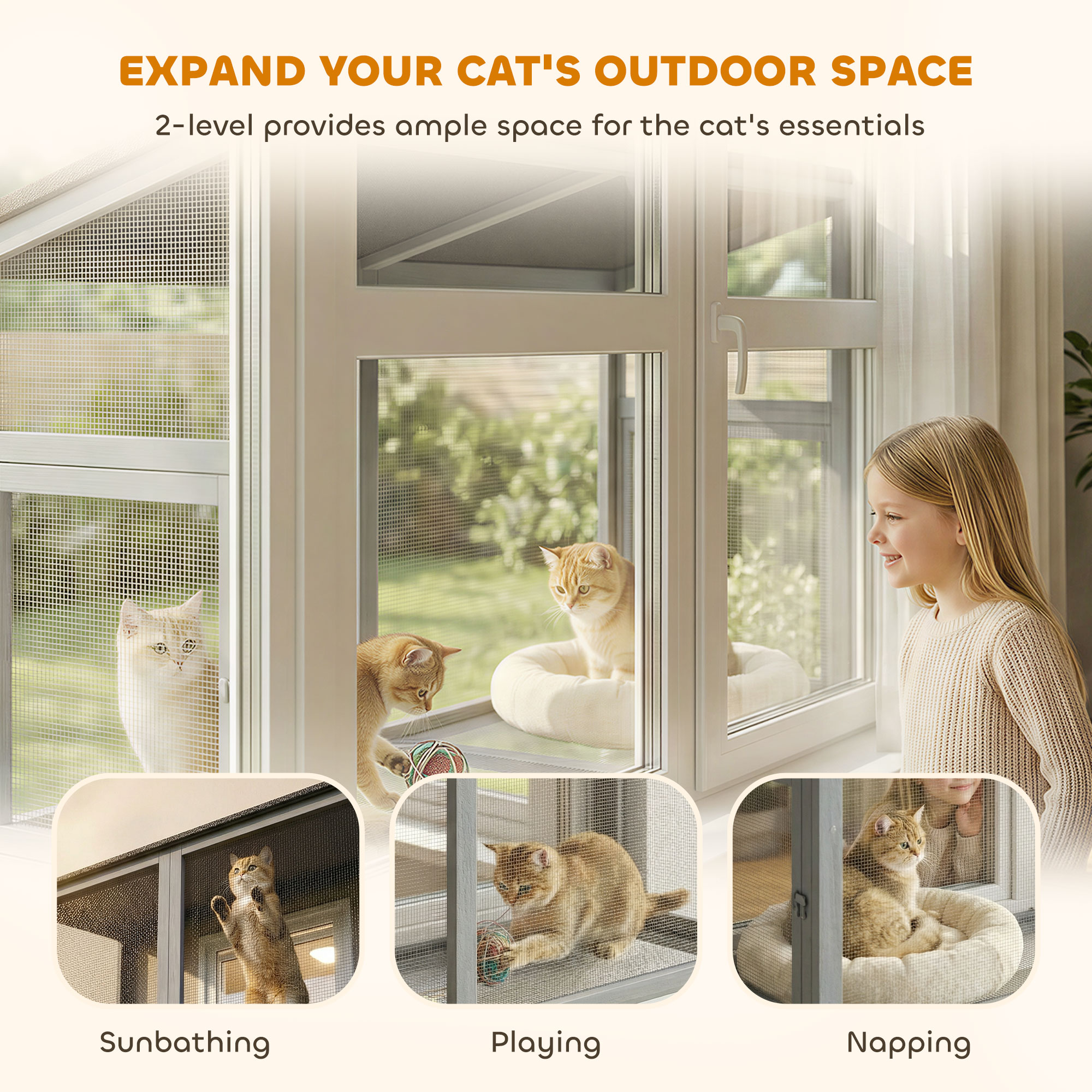 Catio Outdoor Cat Enclosure Expandable Wooden Cat House with 2 Doors for Window, 39.4"L