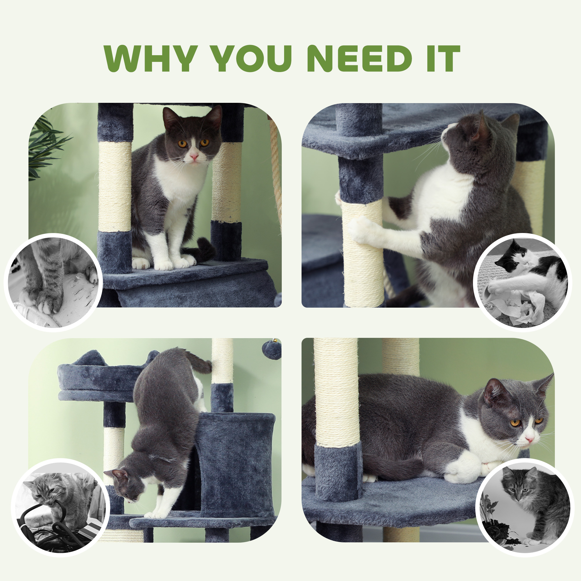 81" Large Cat Tree w/ Scratching Posts, Condos, Beds, Hammocks, Jumping Platforms, Toy Balls, Rope Cat Toy, Dark Grey