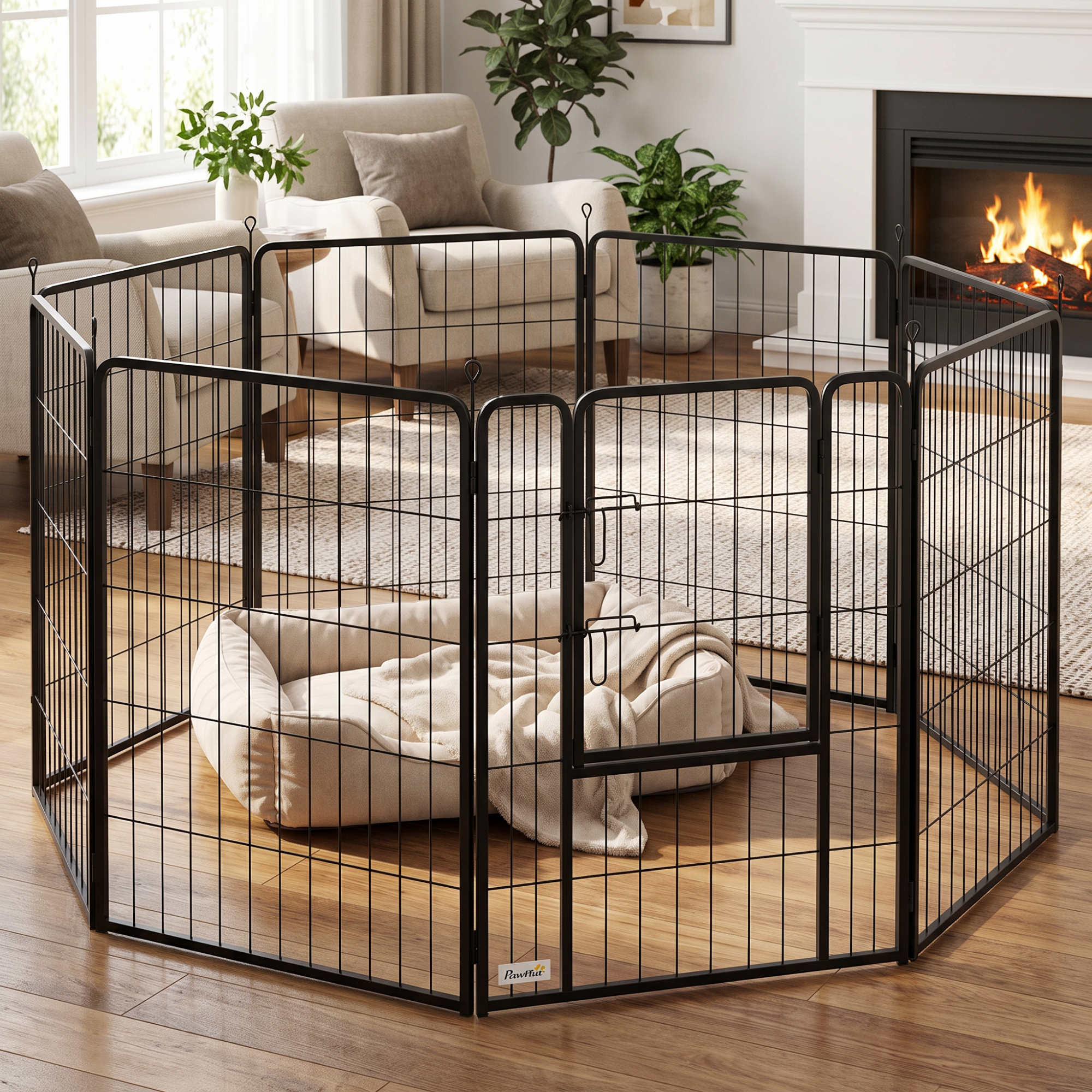 Large Dog Playpen Indoor Outdoor Foldable Pet Pen with Lockable Door and Ground Stakes for Large Dogs, Black
