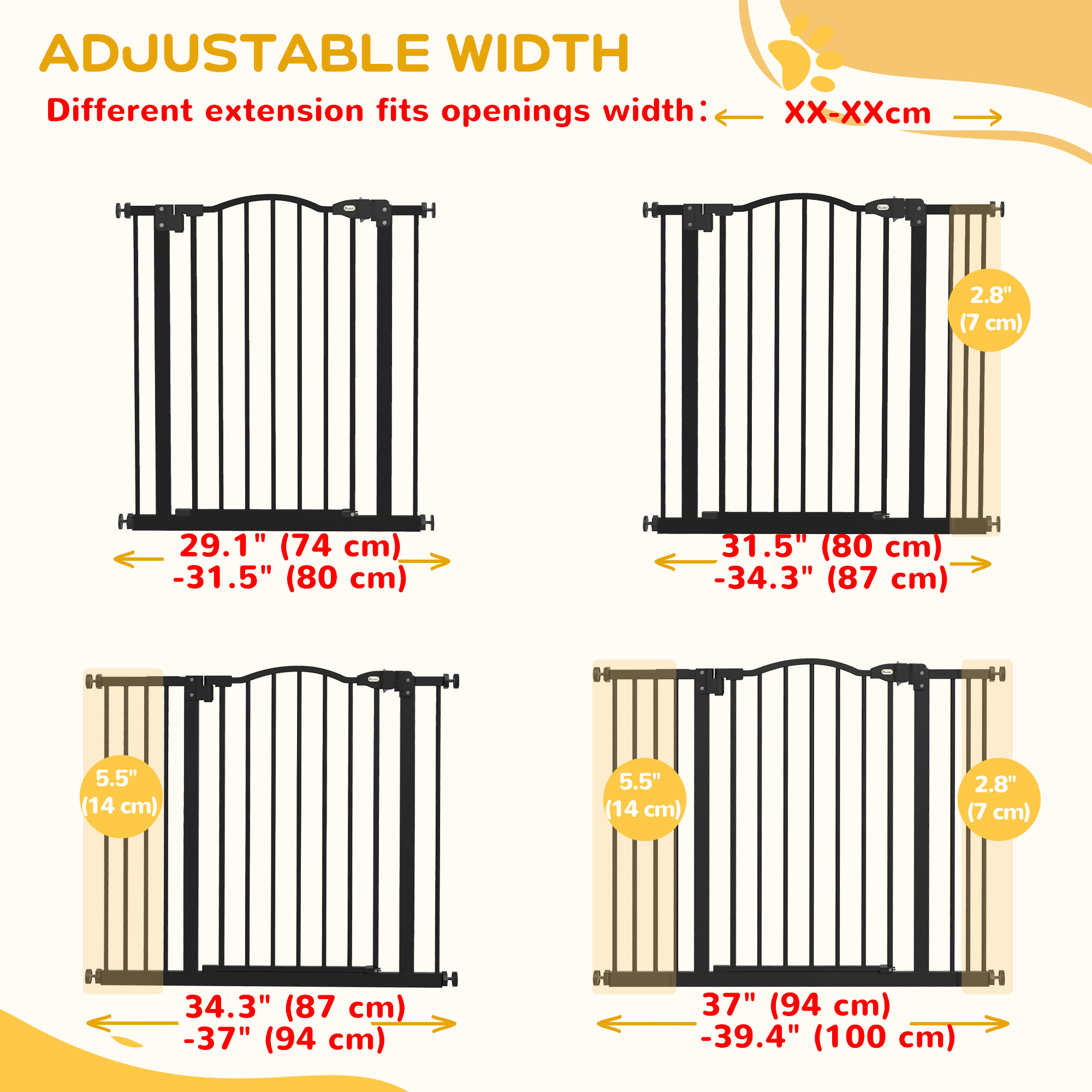 Extra Tall Dog Gate with Door, Pressure Fit, Auto Close, Double Locking for Doorways Hallways Stairs, 29"-39", Black