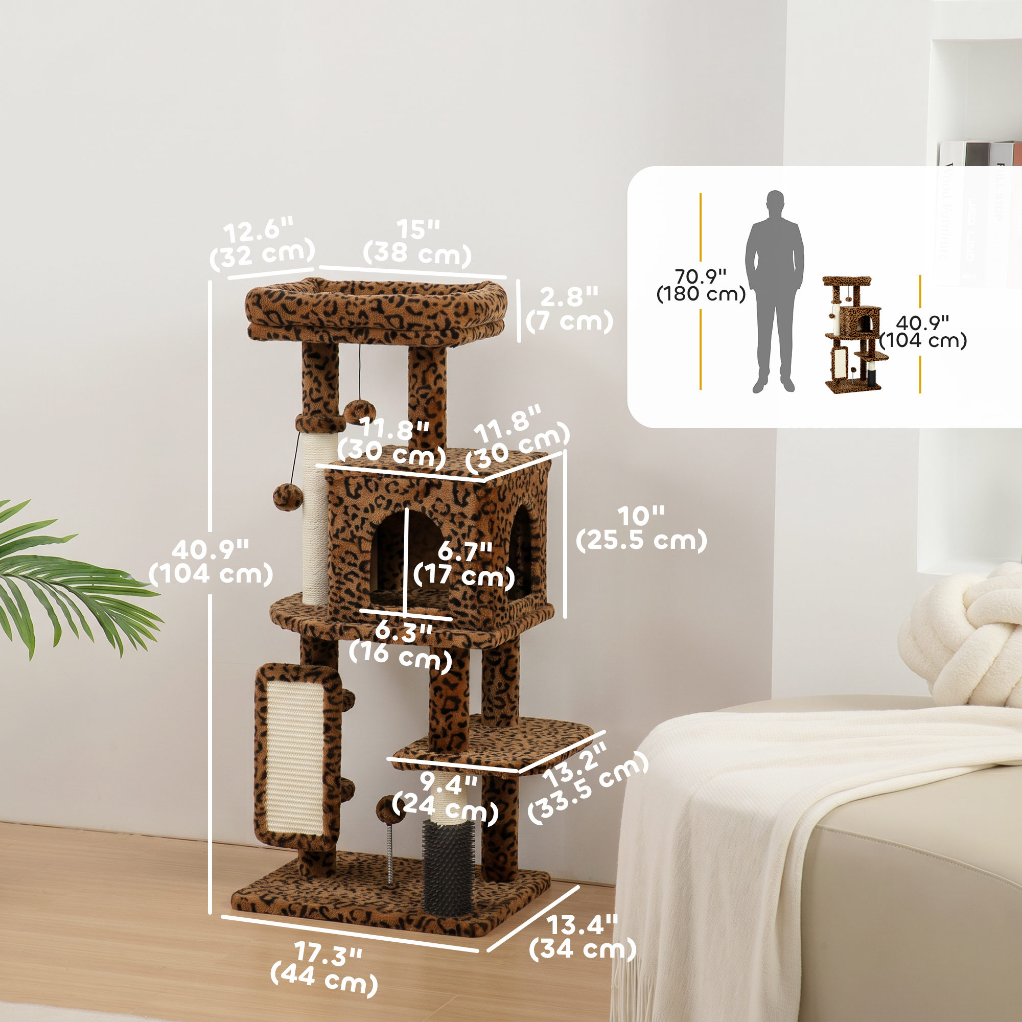 41 Inch Cat Tree with Scratching Posts, Cat Bed, Condo, Jumping Platforms, Toy Balls, Leopard Print