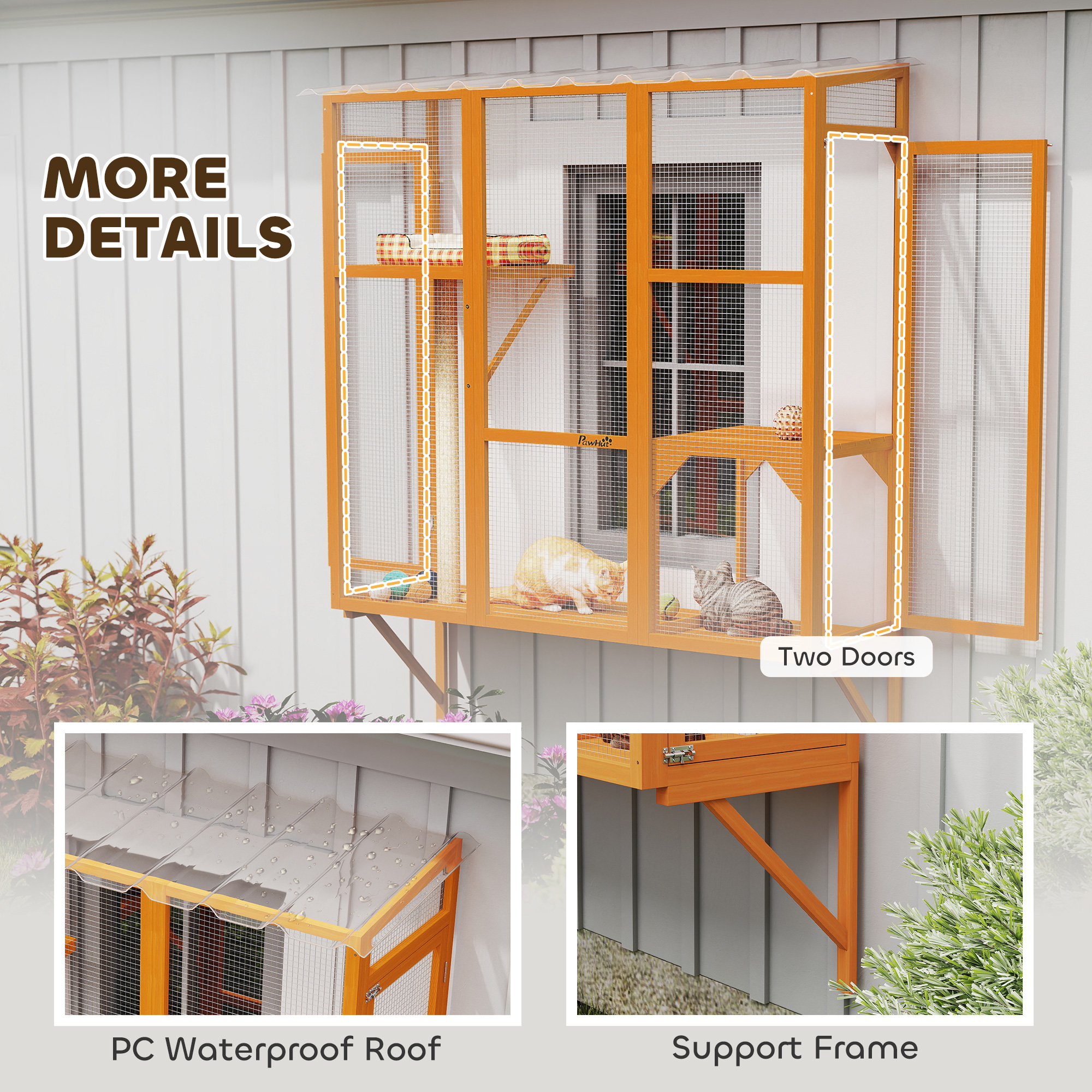 Wooden Catio Outdoor, Cat Window Box Enclosure for 2-3 Large Cats with 2 Jumping Platforms & Scratching Post, Orange