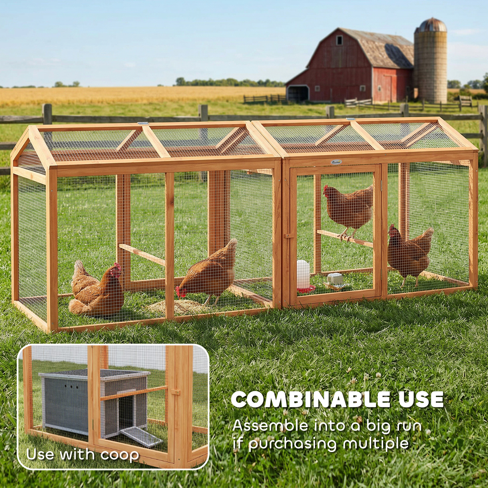 Wooden Chicken Run, Outdoor Chicken Coop with Perch and Dual Doors, Combinable Hen House Rabbit Hutch for Backyard