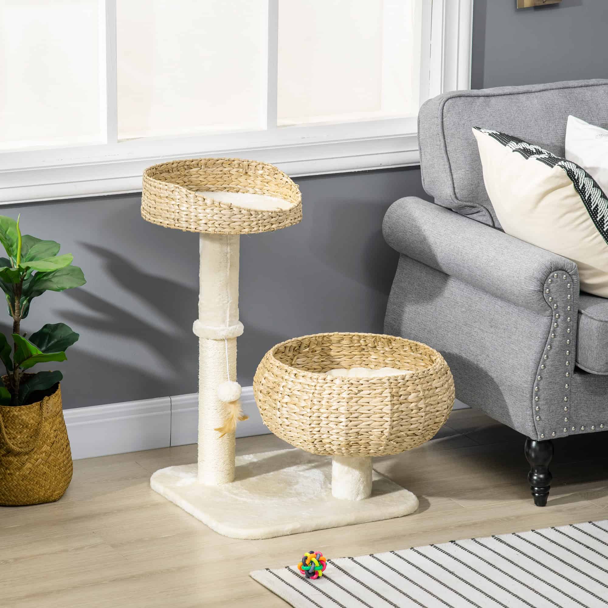 28" Cat Tree with Scratching Post, Cat Tower with Double Beds, Beige