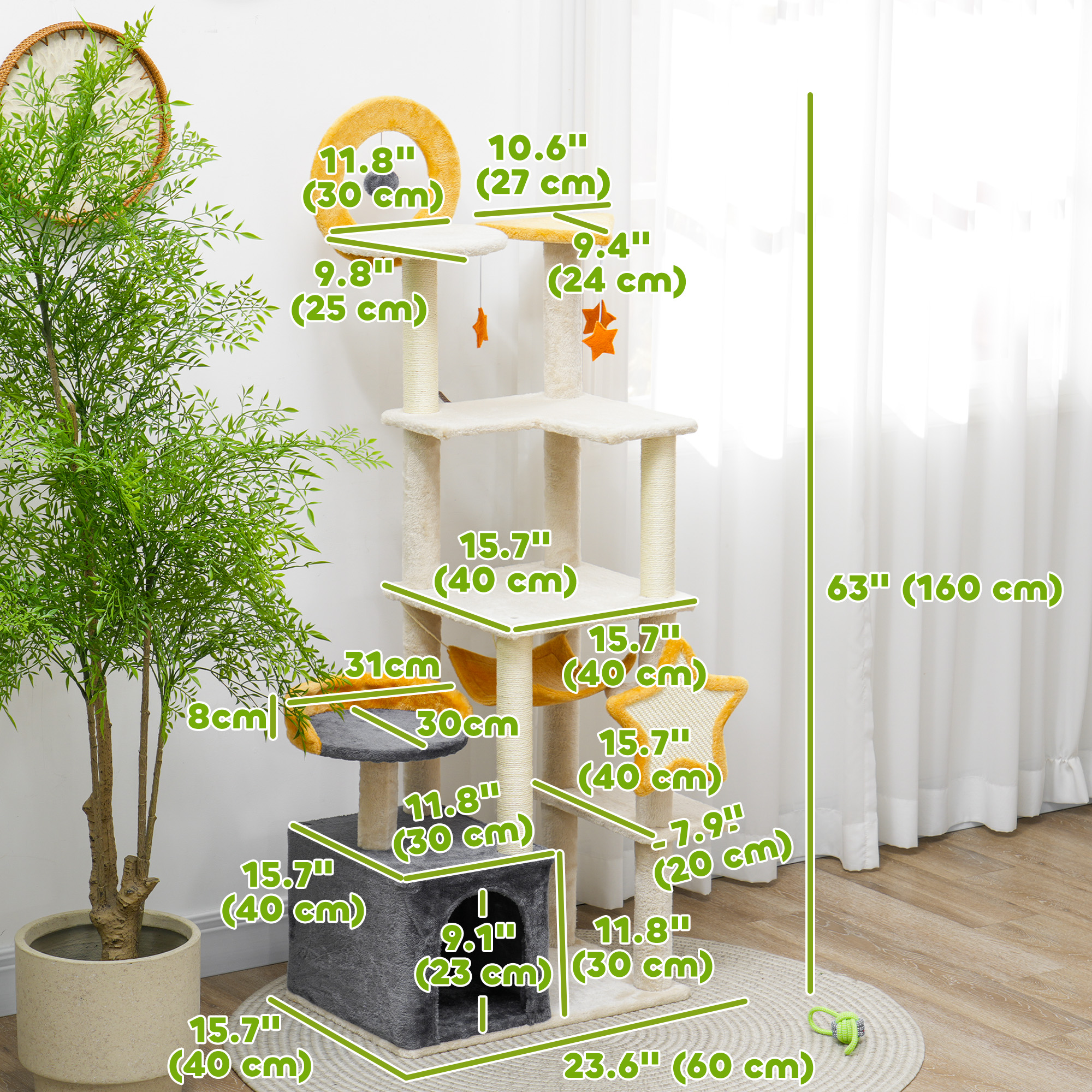 Star and Moon Themed Cat Tree with Cat Scratching Posts, Cat Condo, Bed, Scratching Board, Cat Toys, Beige