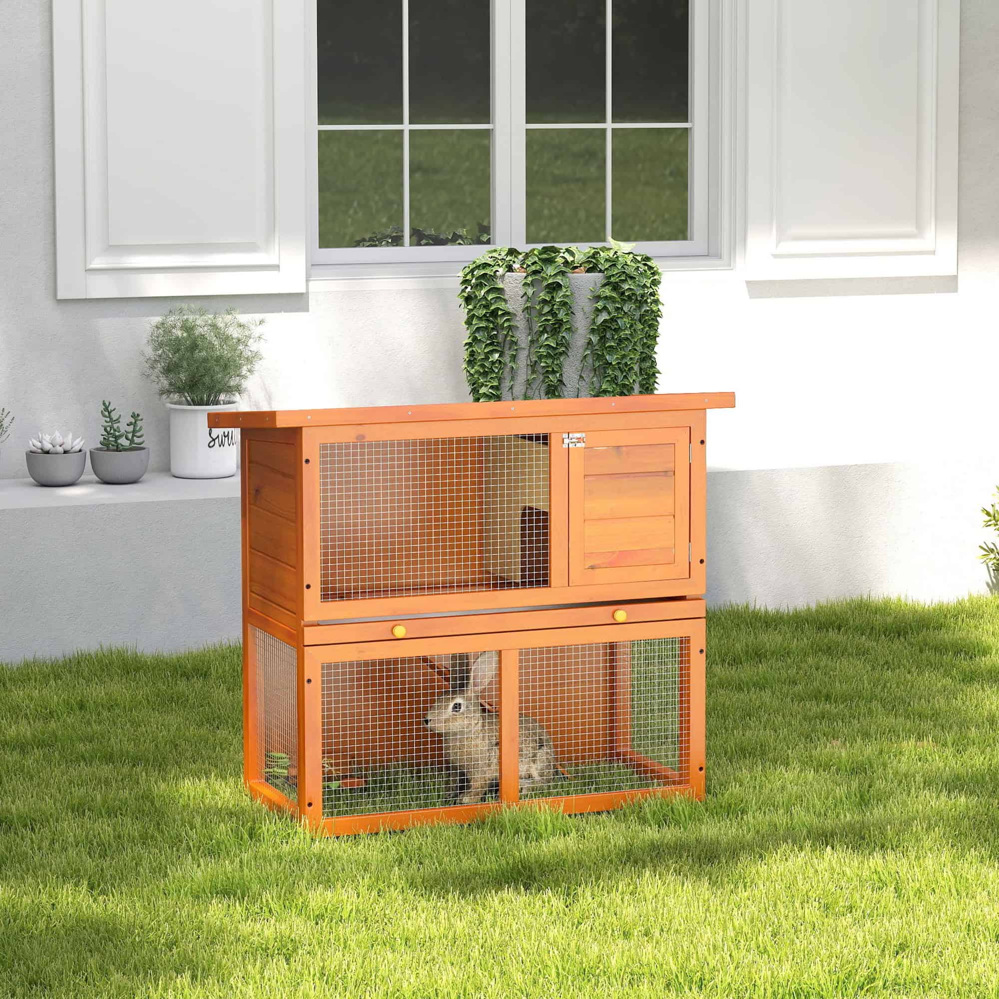 Wooden Rabbit Hutch, Indoor Outdoor Bunny Cage with Run, 2- Level Guinea Pig House with Slide-Out Tray, Waterproof Roof, Yellow