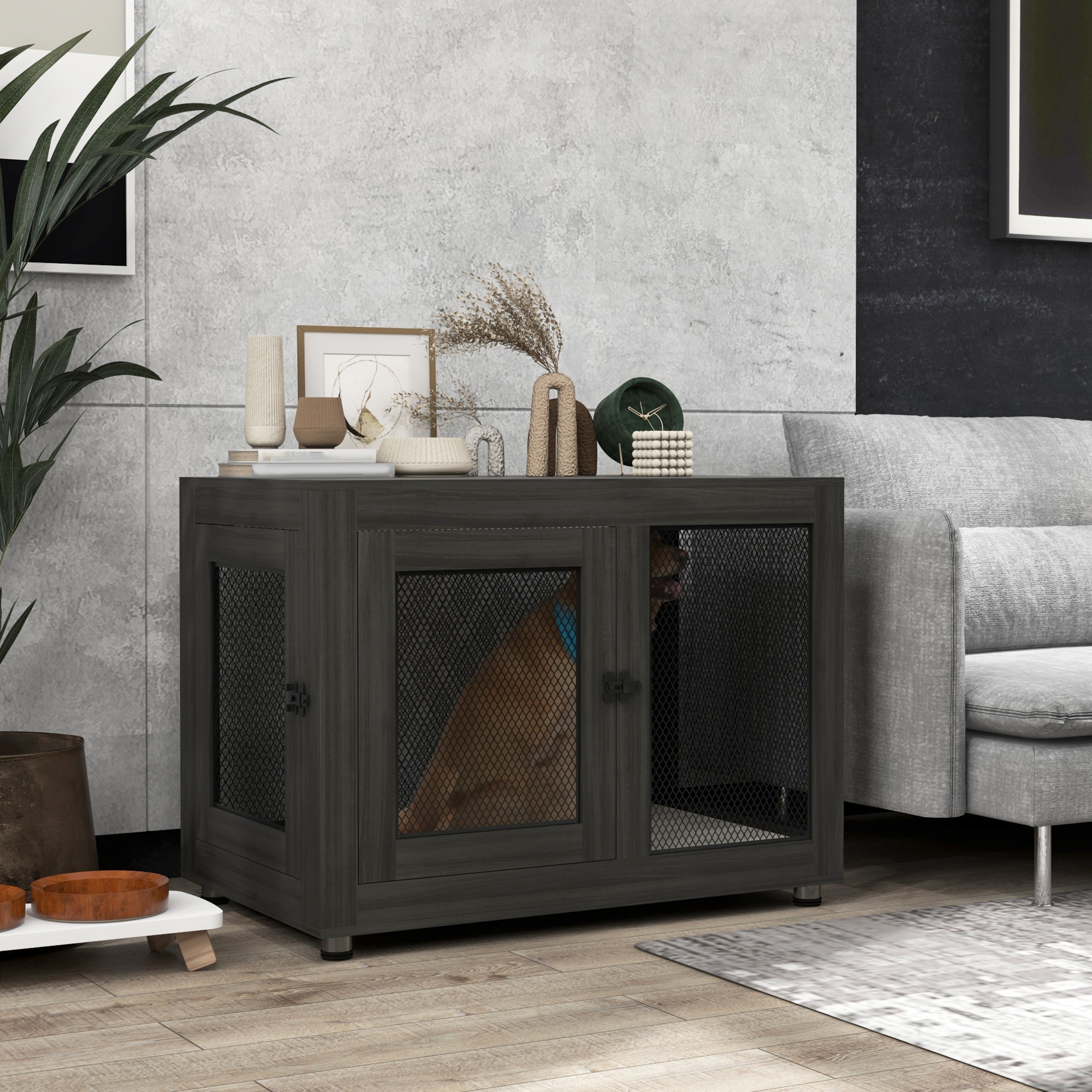 Pet Crate End Table with Water-resistant Cushion or Large Medium Dogs, Black