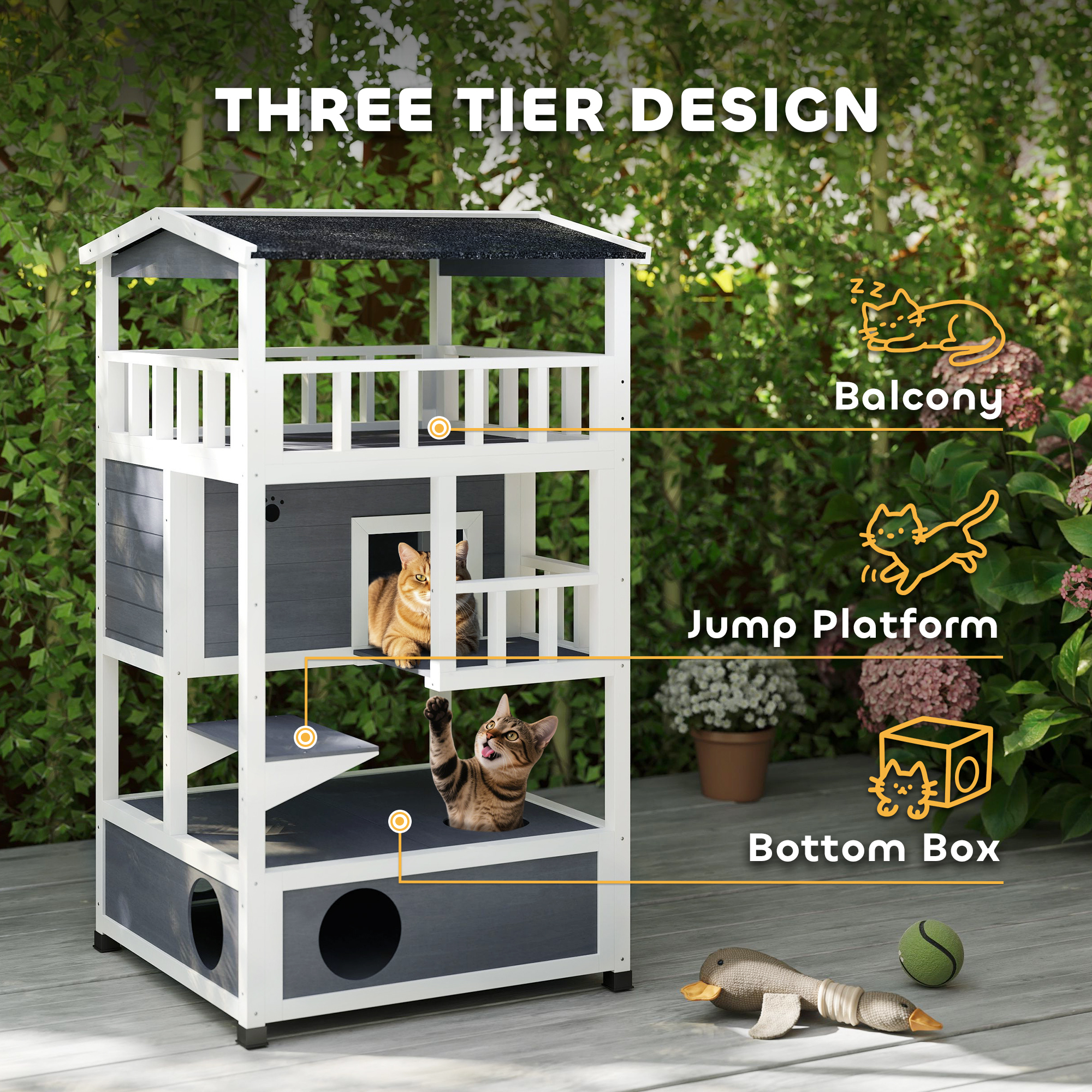 4-Floor Wood Outdoor Cat House Catio for Cats with Condo, Fun Entrances, Perch, Grey