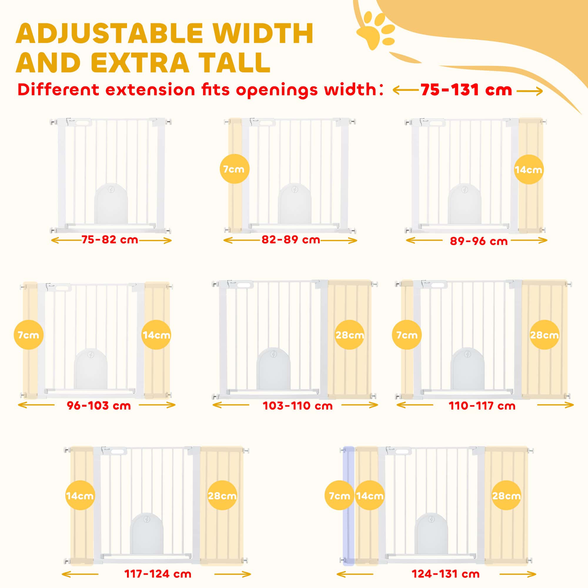 30"-52" Extra Wide Pet Gate Barrier with Small Door, 30"H Dog Gate with Safety Gate Barrier, Stair Pressure Fit, White