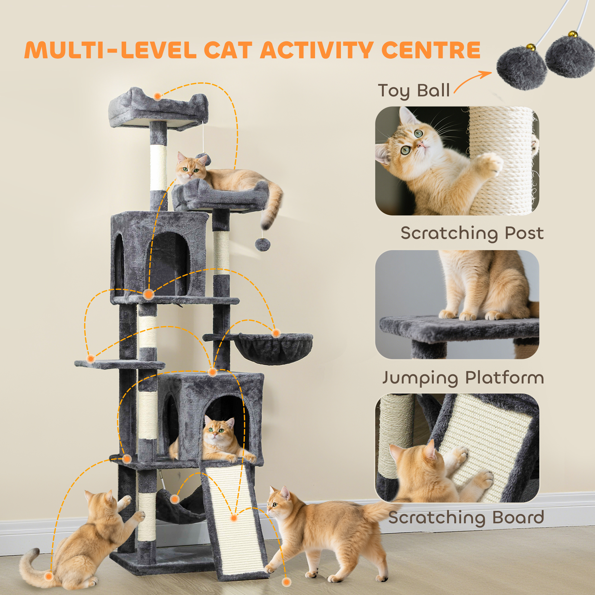 Cat Tree, 70" Multi-Level Cat Tower with 2 Condos, 2 Perches, Hammock, Toy Balls, Scratching Posts and Board, Dark Grey