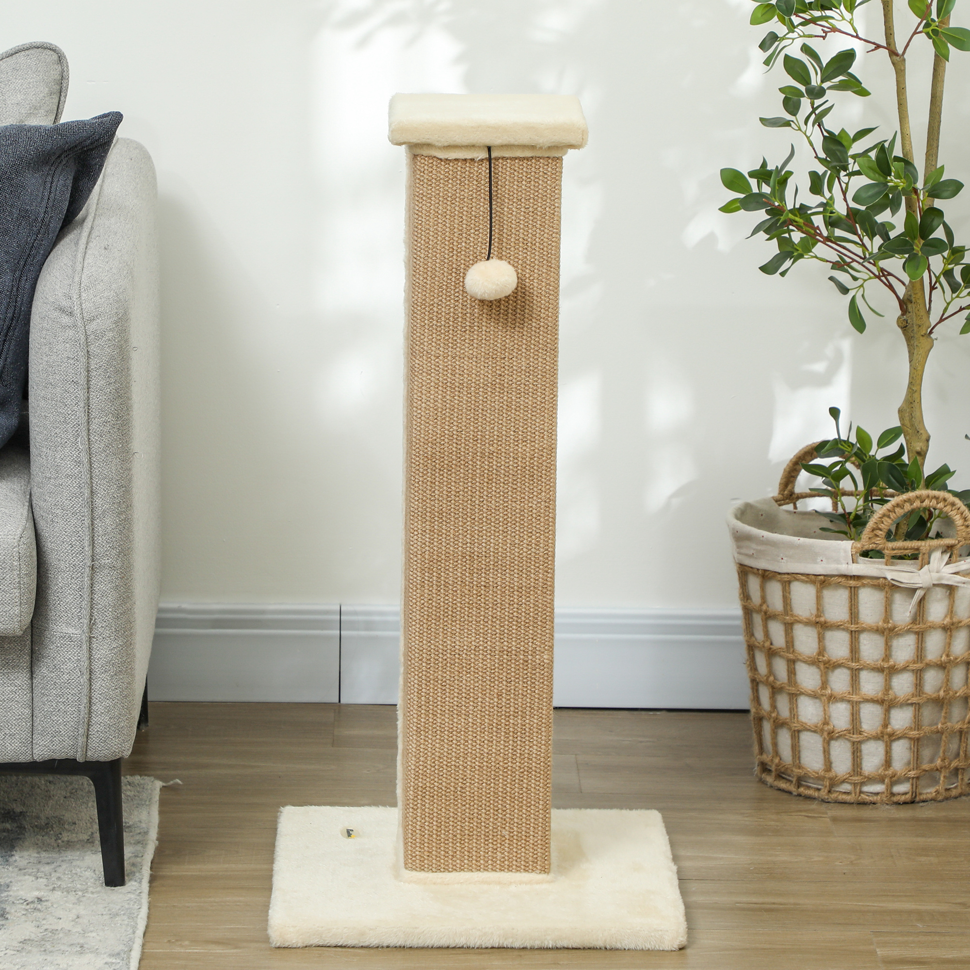 32" Tall Cat Scratching Post for Indoor Cats and Kittens, Sisal Cat Scratcher with Hanging Ball Soft Plush, Beige