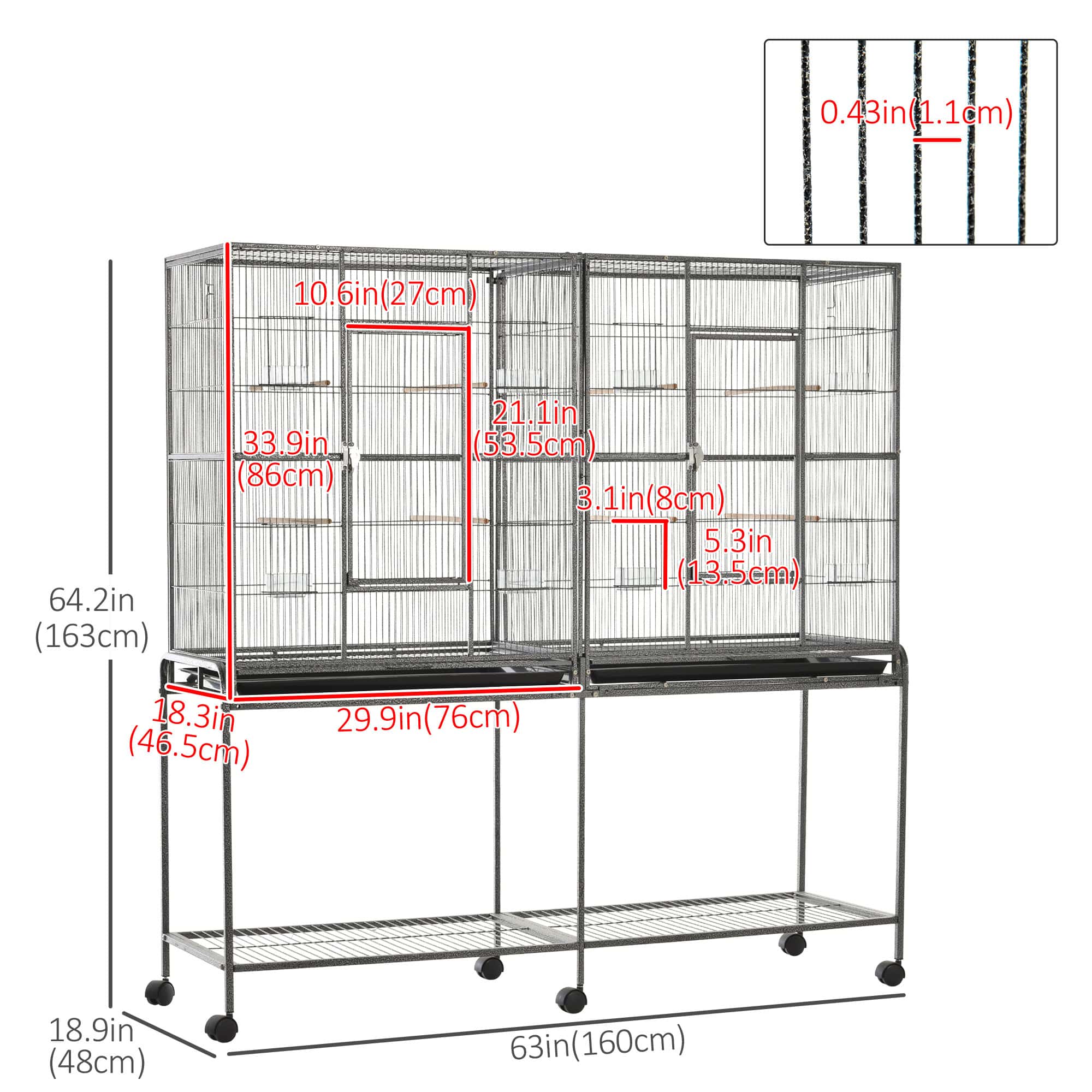 64" Extra Large Bird Cage, Rolling Metal Parrot Cage, Bird House with Detachable Rolling Stand, Storage Shelf, Wood Perch, Food Container, 62.8" x 18.9" x 64.2", Black