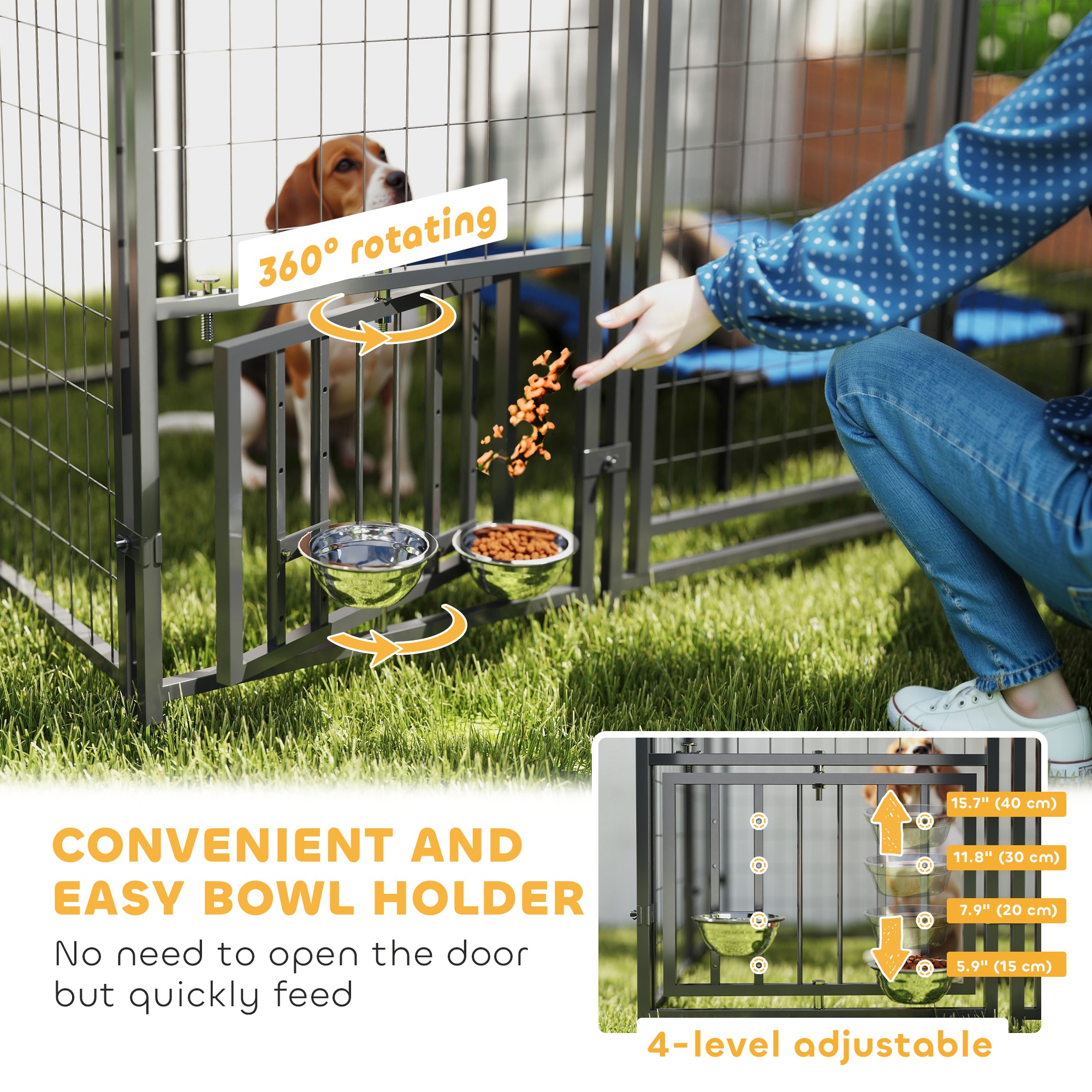 Outdoor Dog Kennel with Waterproof UV-Resistant Cover, Rotating & 4-Level Adjustable Feeding Bowls, 5.9 x 4 x 6 ft