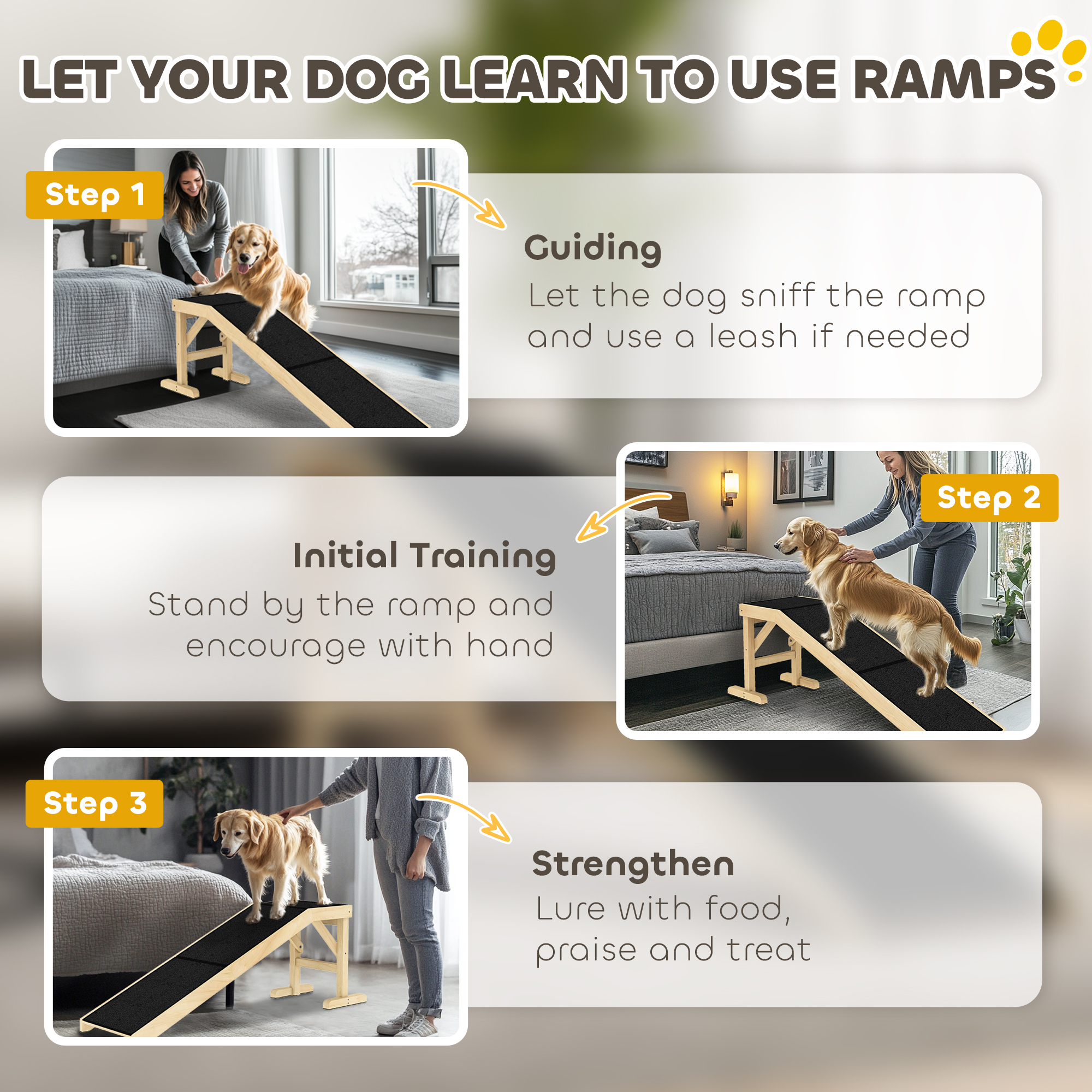 Pet Ramp Bed Steps for Dogs Cats Non-slip Carpet Top Platform Pine Wood 59"L x 16"W x 20"H Natural Wood
