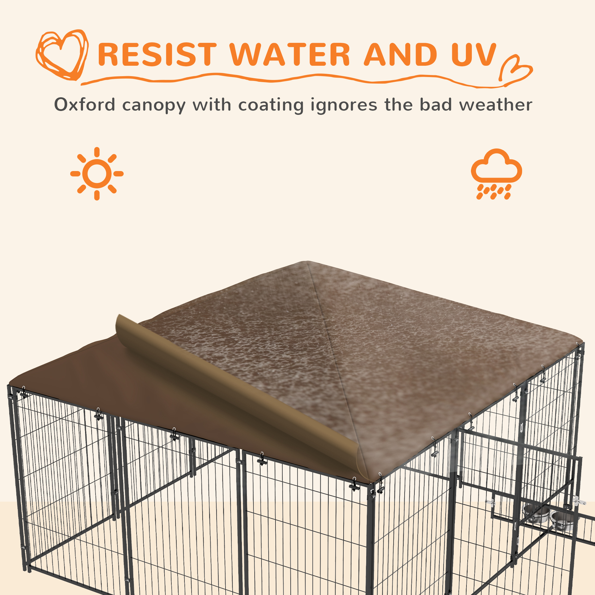 6.9' x 6.9' x 5' Outdoor Dog Kennel with Canopy, Rotating Bowls, Coffee
