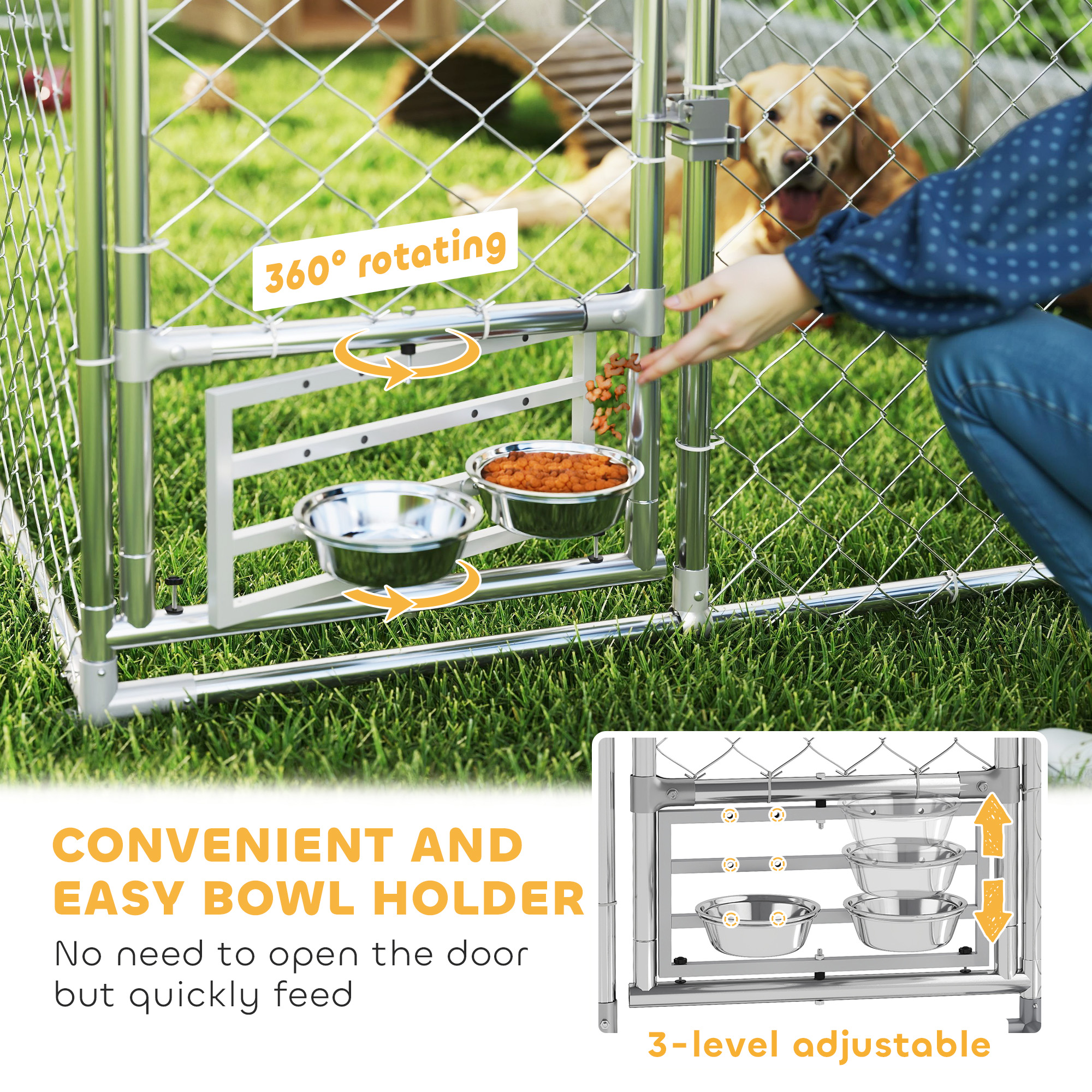 Outdoor Dog Run w/ Adjustable & Rotating Bowls, Water-Resistant UV-Resistant Cover, Secure Lock, 13.1' x 7.5' x 5.2'