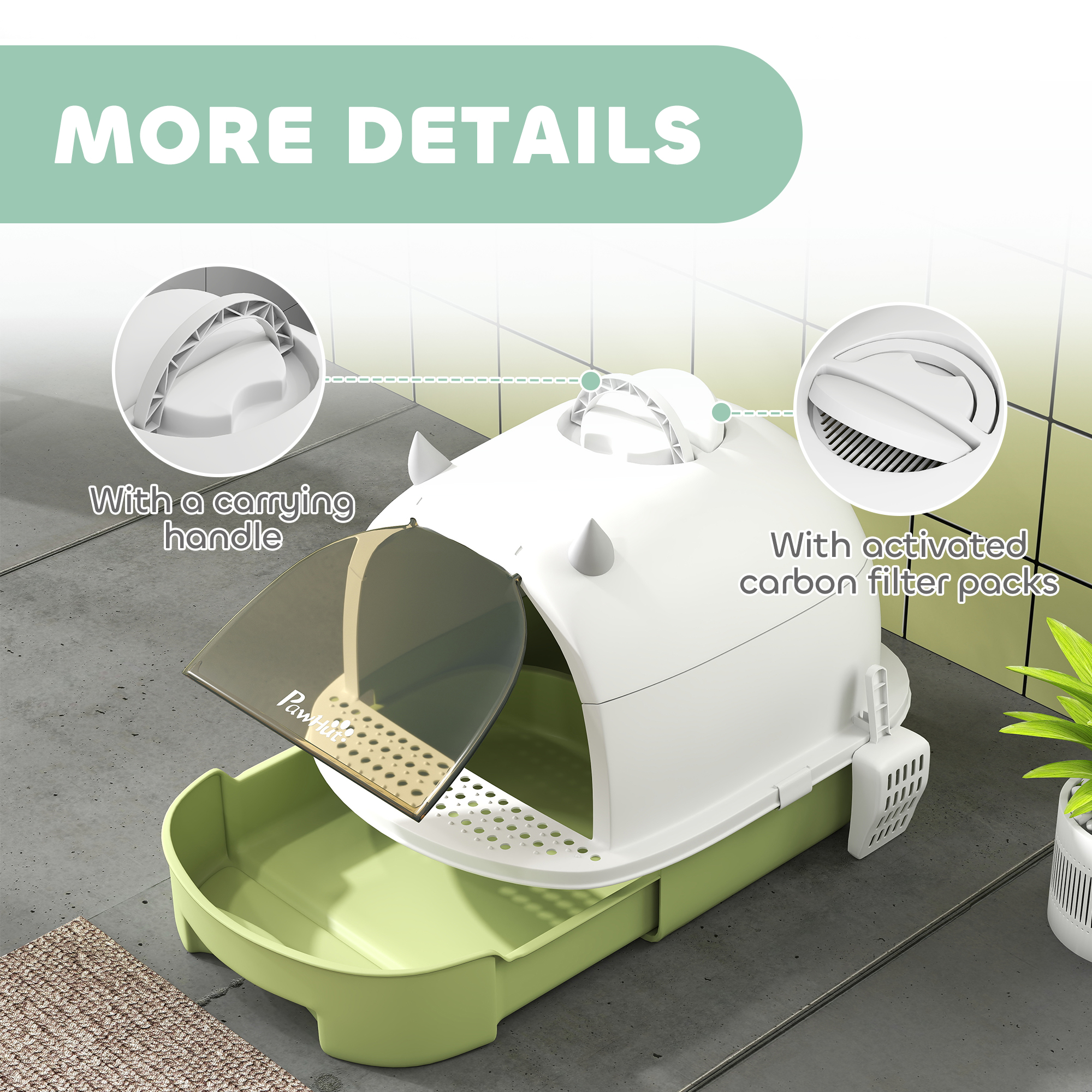 Cat Litter Box with Lid, Front Door Flap, Scoop, Handle, Easy Clean, for Small and Medium Cats, Green - Image 7