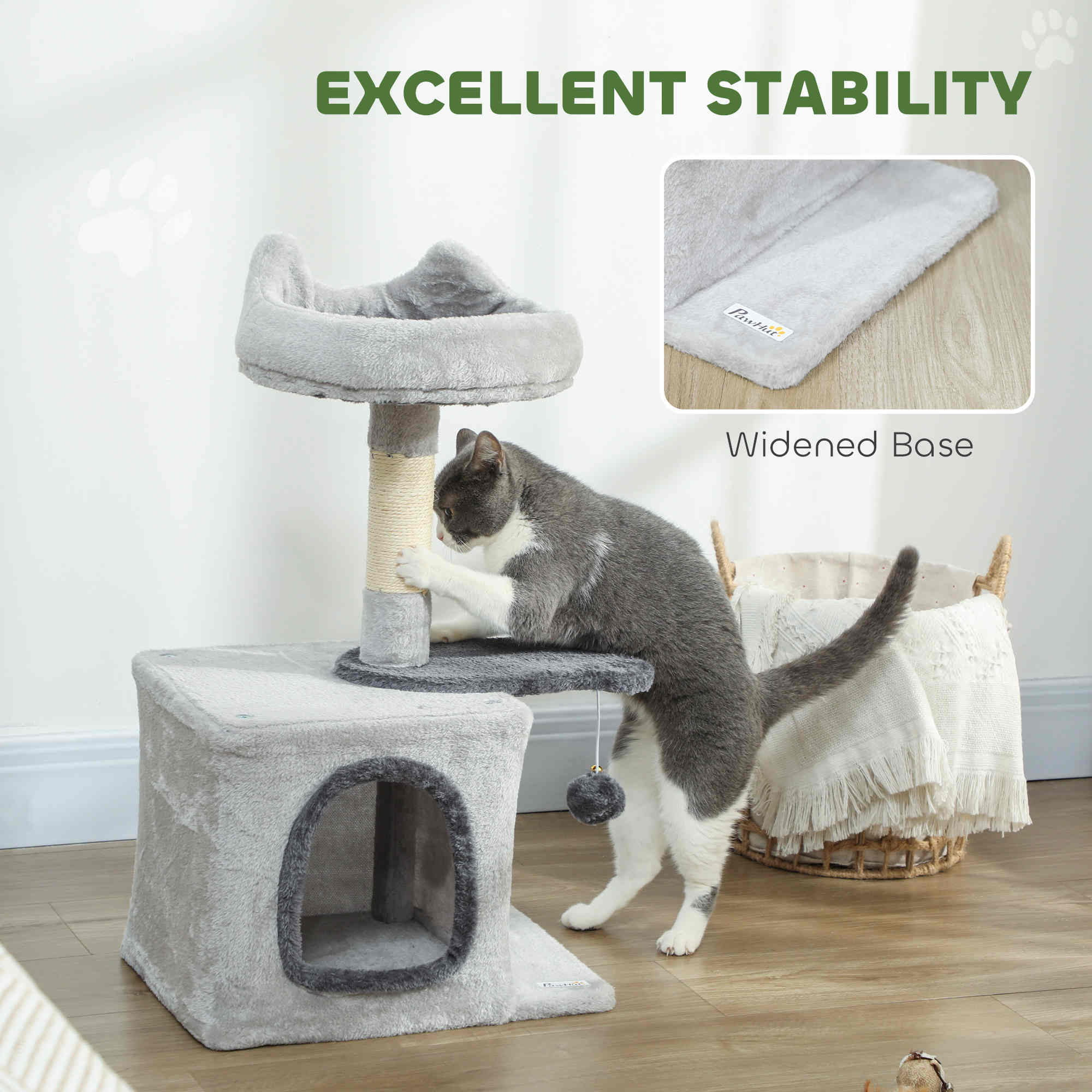 28" Cat Tree Tower with Plush Top Bed, Cozy Condo, Sisal Scratching Post, Perch, Dangling Ball, Light Grey