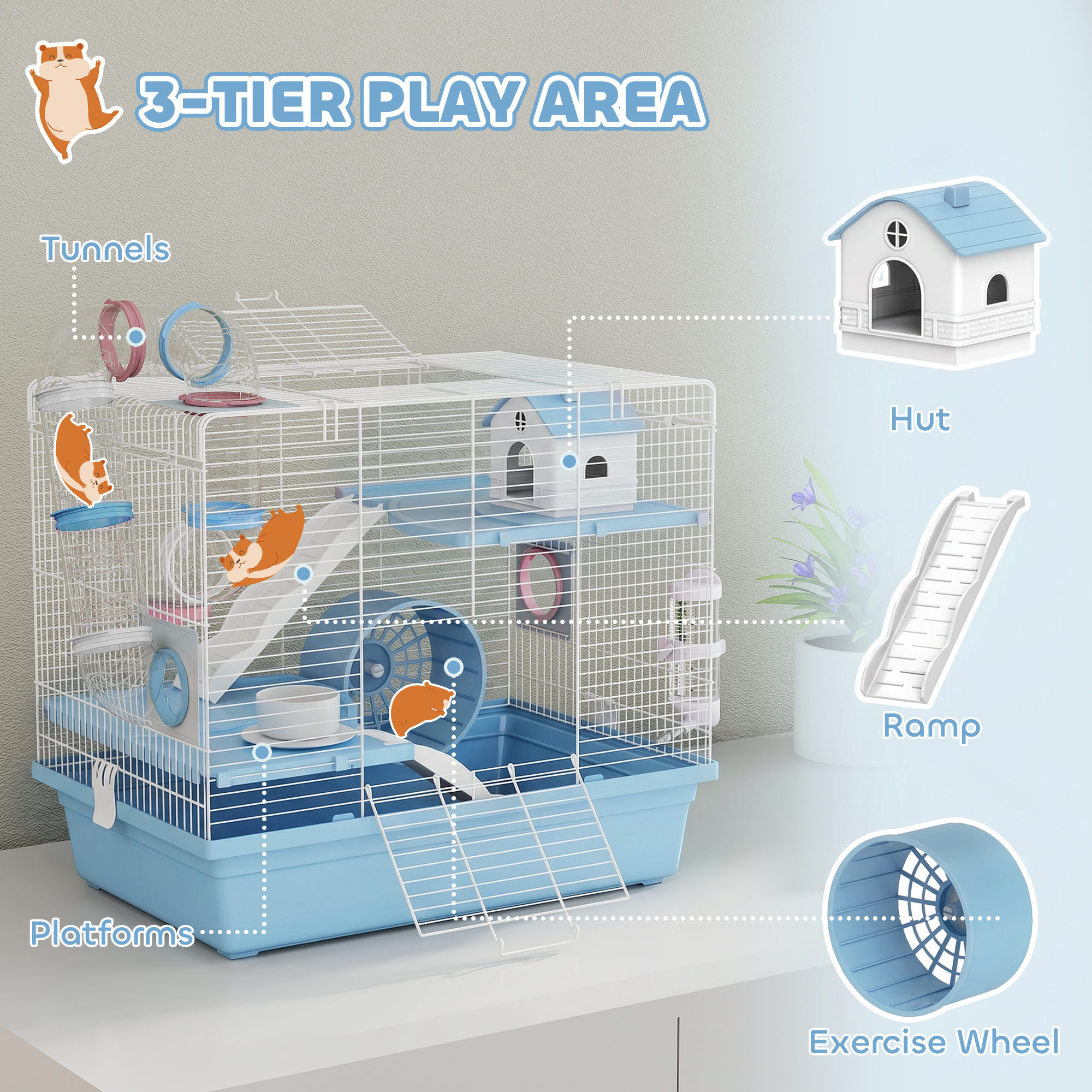 Hamster Cage, 3-Tier Small Animal Cage with Excerise Wheel, Food Bowl, Water Bottle, House, Tunnels, Ramps