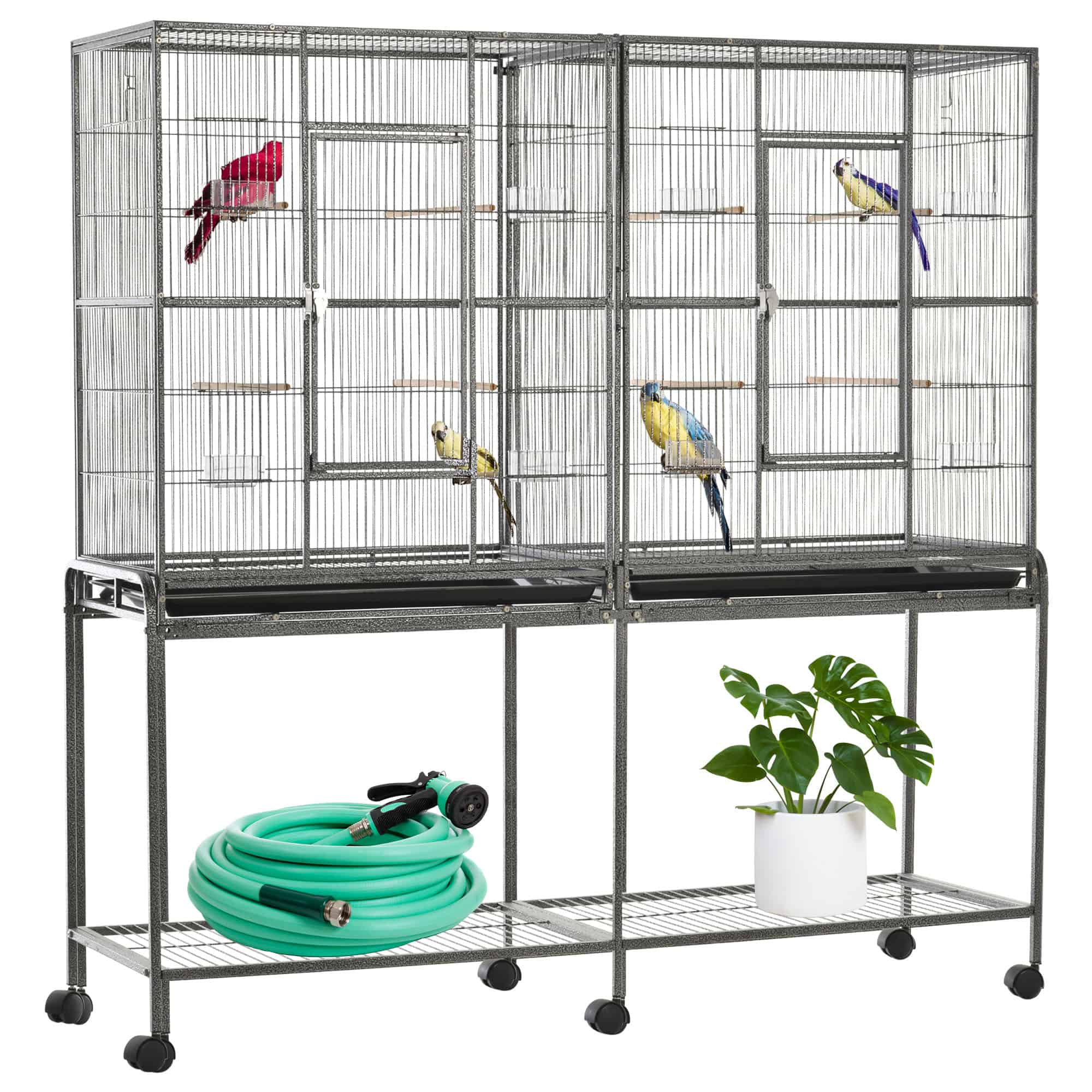 64" Extra Large Bird Cage, Rolling Metal Parrot Cage, Bird House with Detachable Rolling Stand, Storage Shelf, Wood Perch, Food Container, 62.8" x 18.9" x 64.2", Black